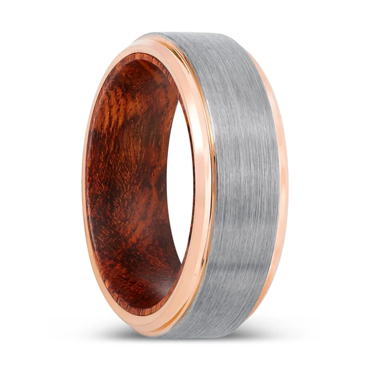 TORREN | Snake Wood, Silver Tungsten Ring, Brushed, Rose Gold Stepped Edge