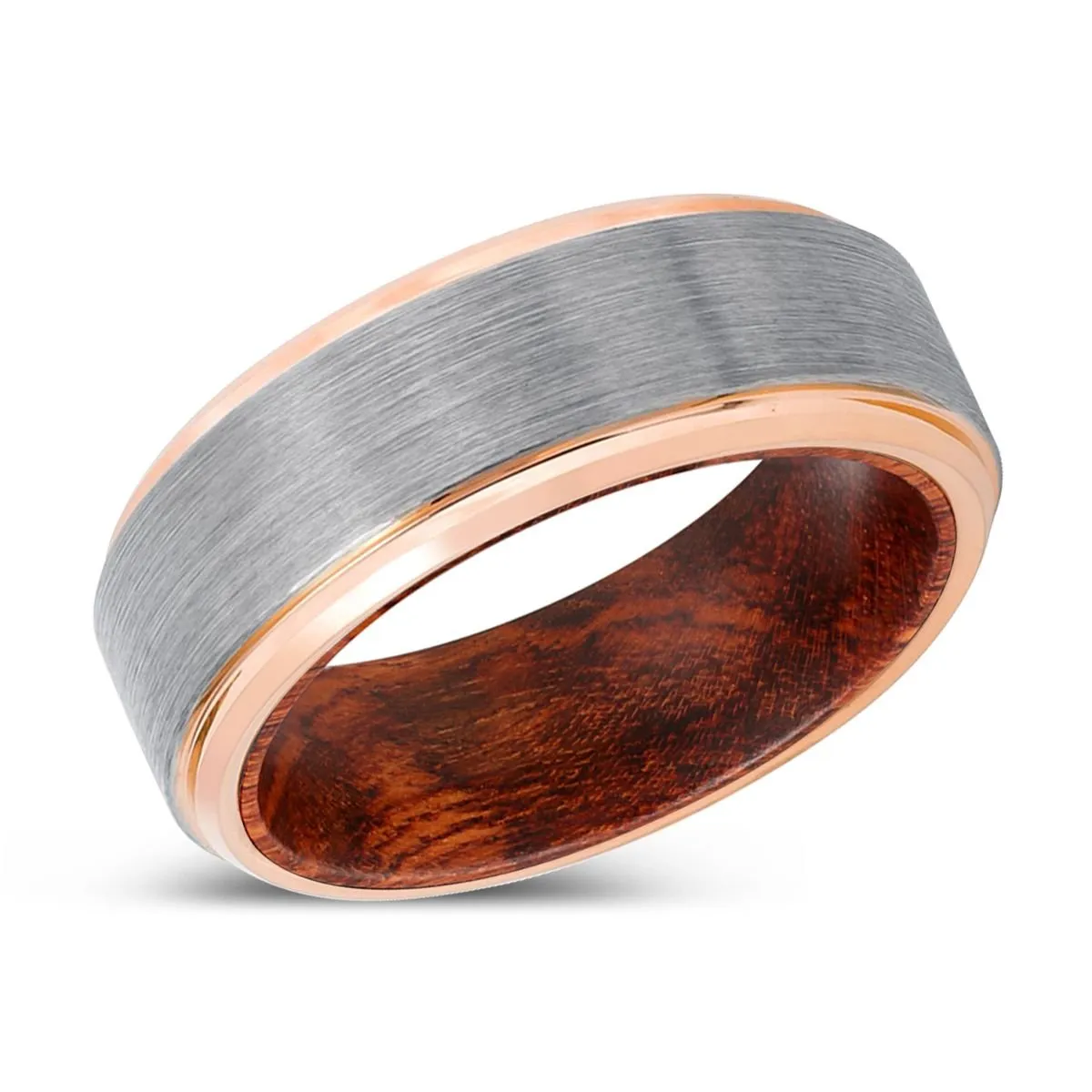 TORREN | Snake Wood, Silver Tungsten Ring, Brushed, Rose Gold Stepped Edge