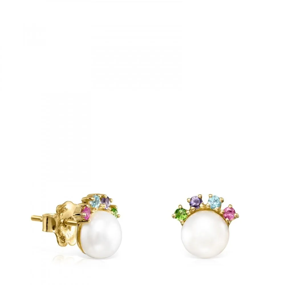 Tous Gold Real Sisy Earrings with small Pearl and Gemstones 812453020