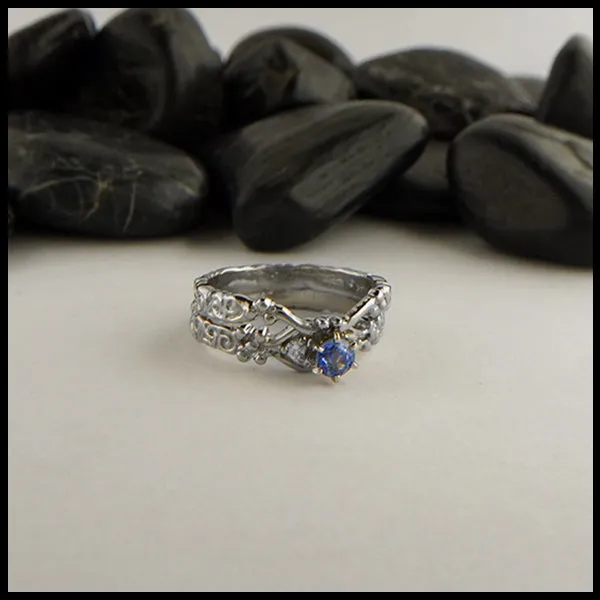 Trinity Scroll 3 Stone Sapphire And Diamond Ring Set