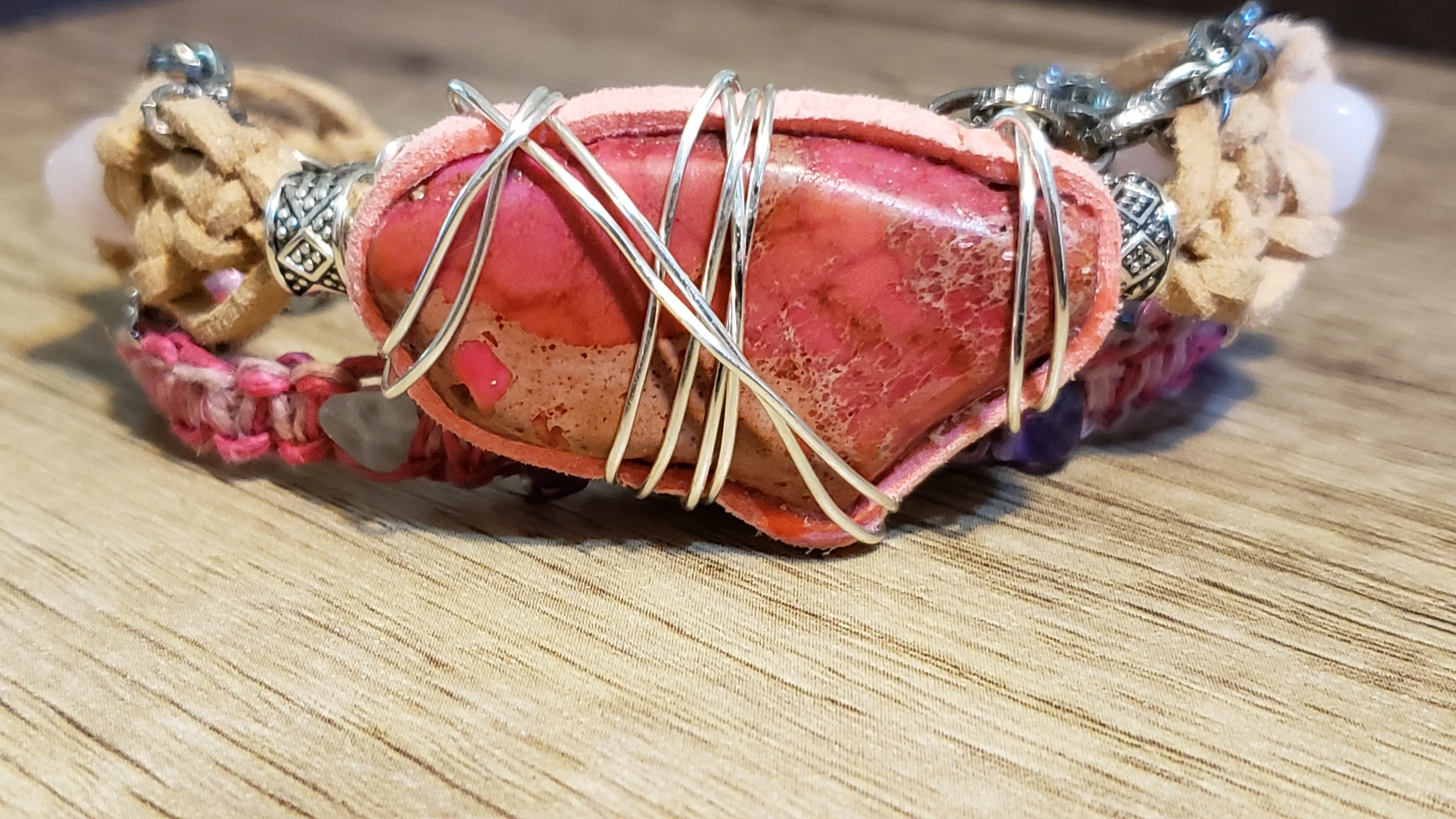 Triple Strand Bracelet with Genuine Leather, Hemp & Chain. Fully Adjustable with Wire Wrapped Stone Focal, Multi Colored Flourite, Rose Quartz & Lobster Claw Clasp.