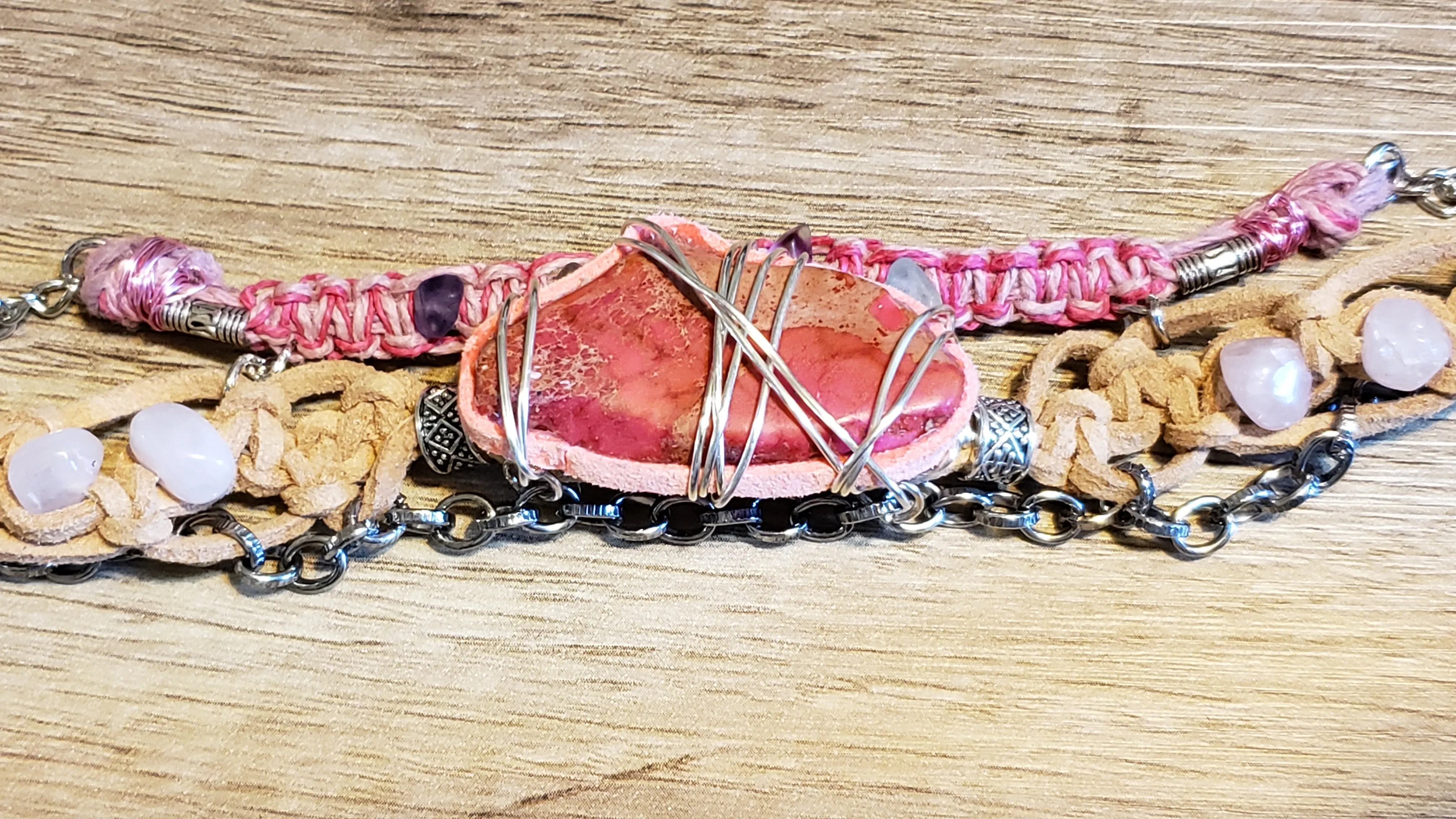 Triple Strand Bracelet with Genuine Leather, Hemp & Chain. Fully Adjustable with Wire Wrapped Stone Focal, Multi Colored Flourite, Rose Quartz & Lobster Claw Clasp.