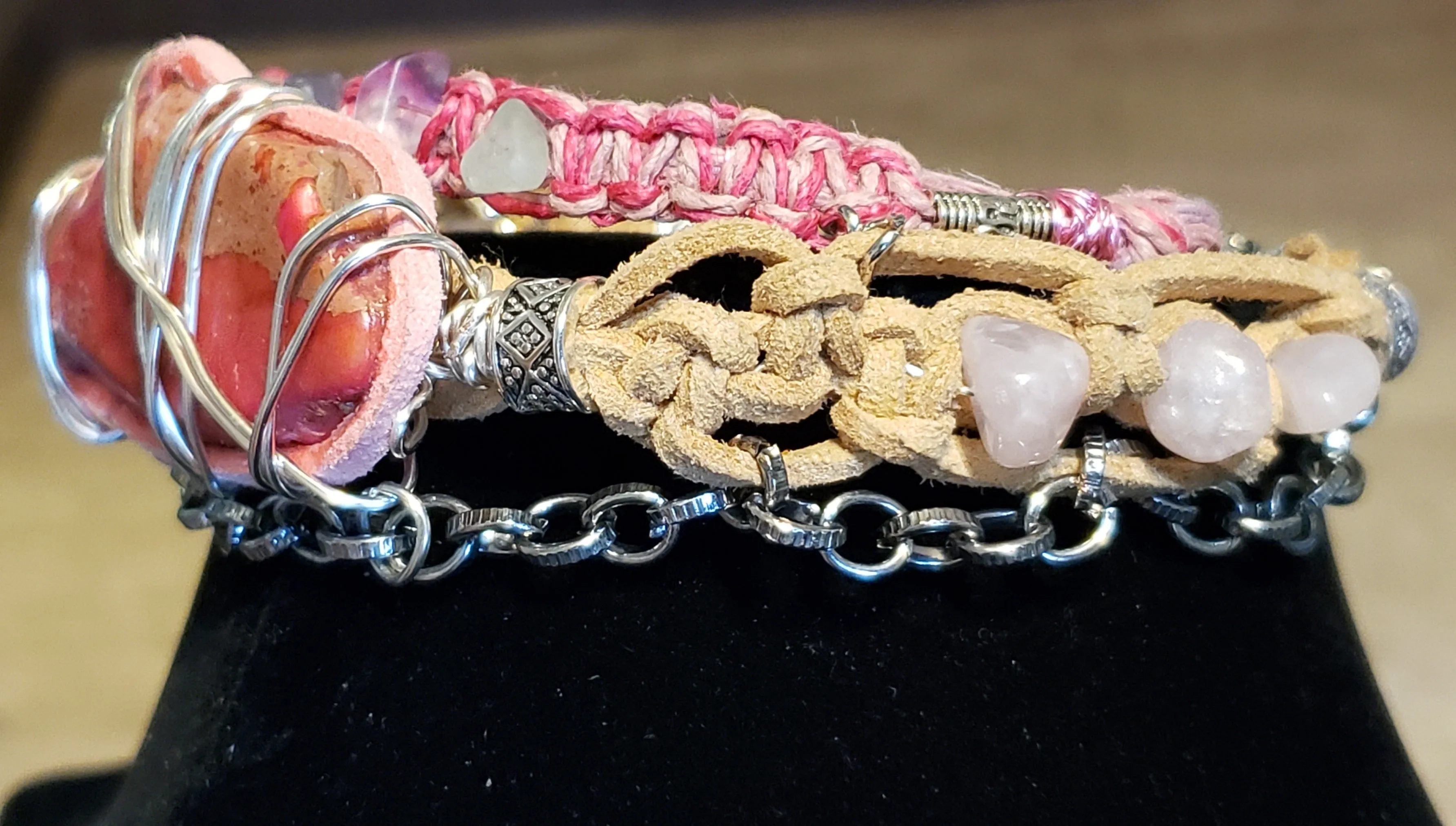 Triple Strand Bracelet with Genuine Leather, Hemp & Chain. Fully Adjustable with Wire Wrapped Stone Focal, Multi Colored Flourite, Rose Quartz & Lobster Claw Clasp.