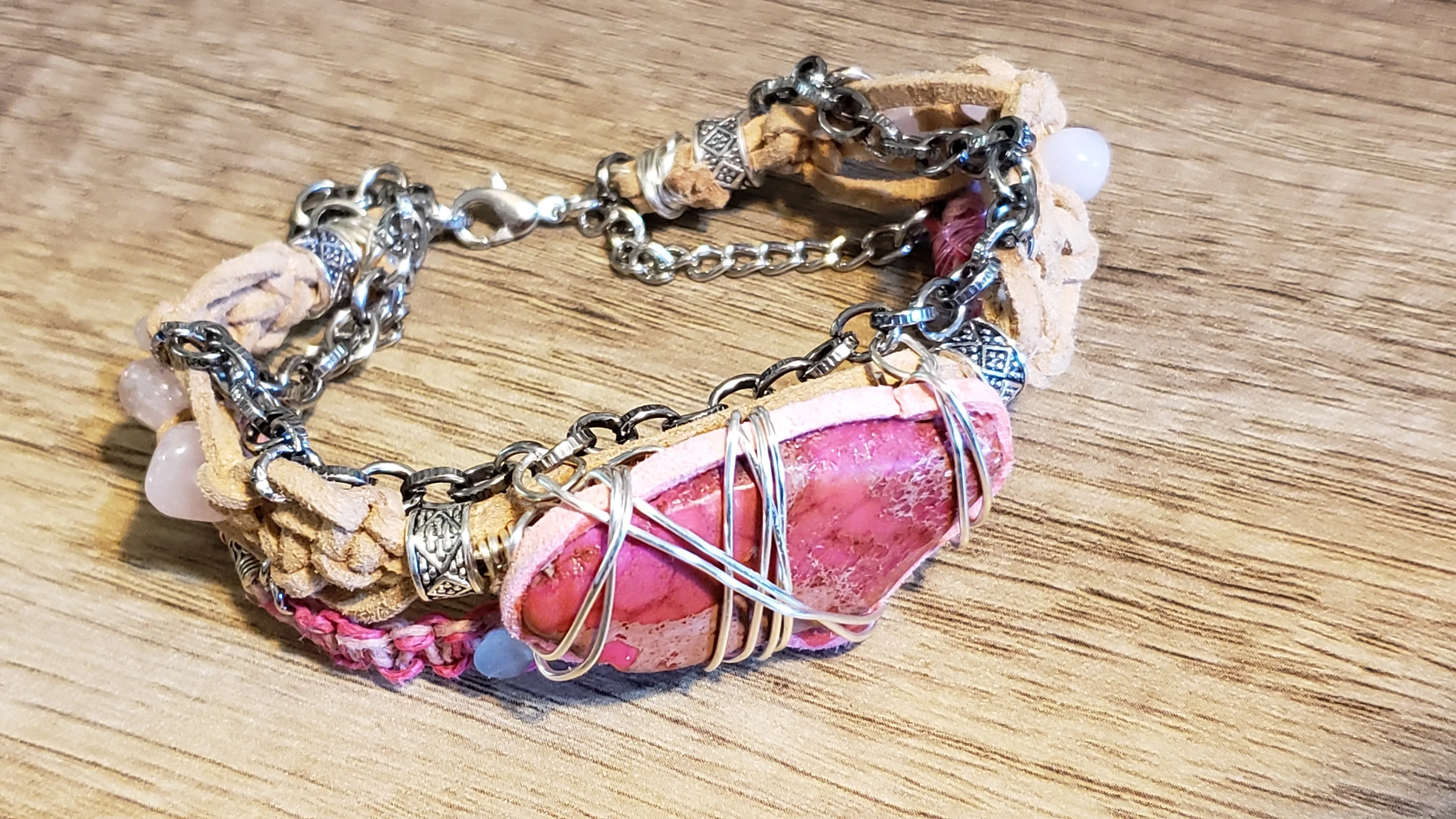 Triple Strand Bracelet with Genuine Leather, Hemp & Chain. Fully Adjustable with Wire Wrapped Stone Focal, Multi Colored Flourite, Rose Quartz & Lobster Claw Clasp.