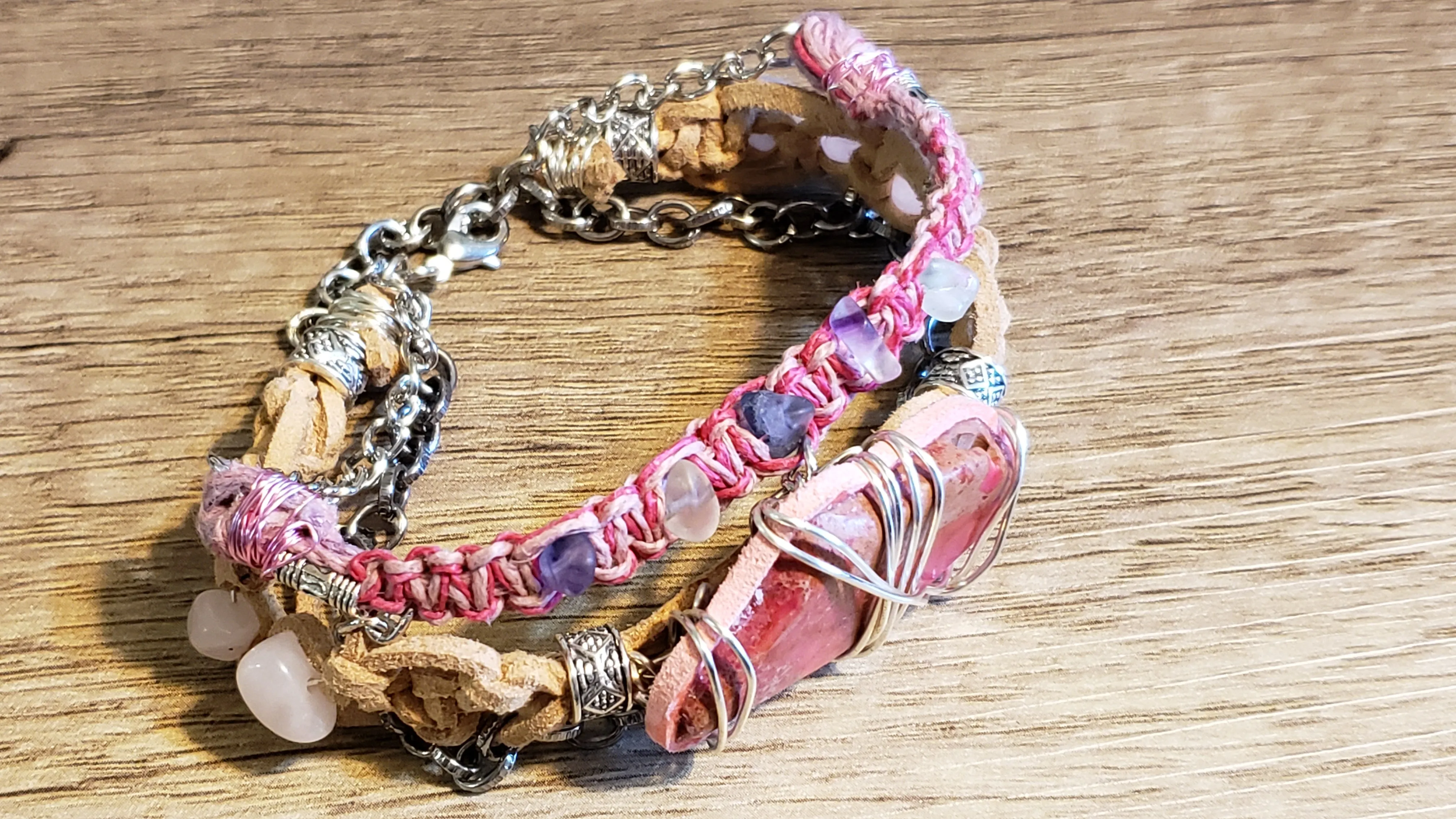 Triple Strand Bracelet with Genuine Leather, Hemp & Chain. Fully Adjustable with Wire Wrapped Stone Focal, Multi Colored Flourite, Rose Quartz & Lobster Claw Clasp.