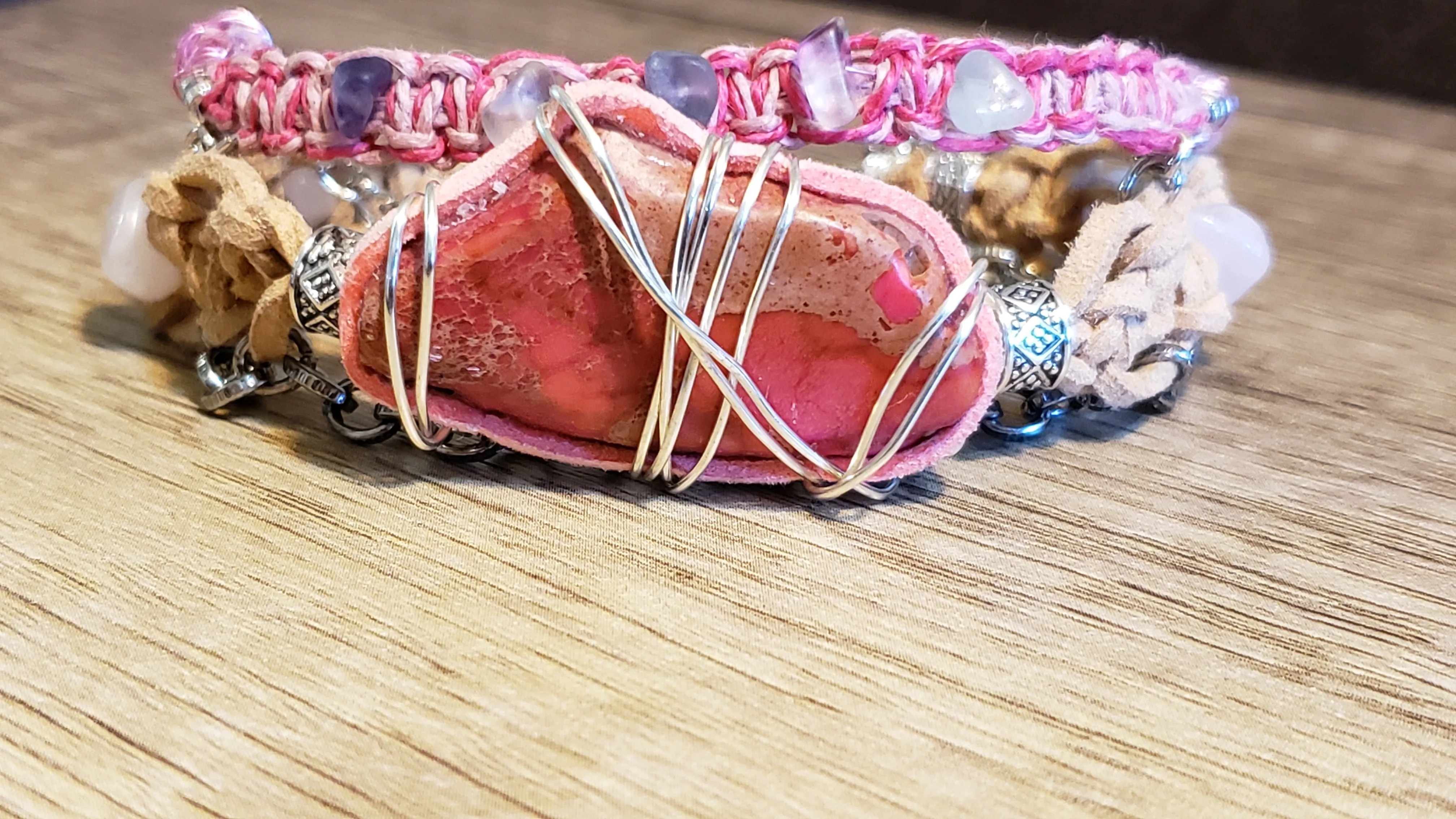 Triple Strand Bracelet with Genuine Leather, Hemp & Chain. Fully Adjustable with Wire Wrapped Stone Focal, Multi Colored Flourite, Rose Quartz & Lobster Claw Clasp.