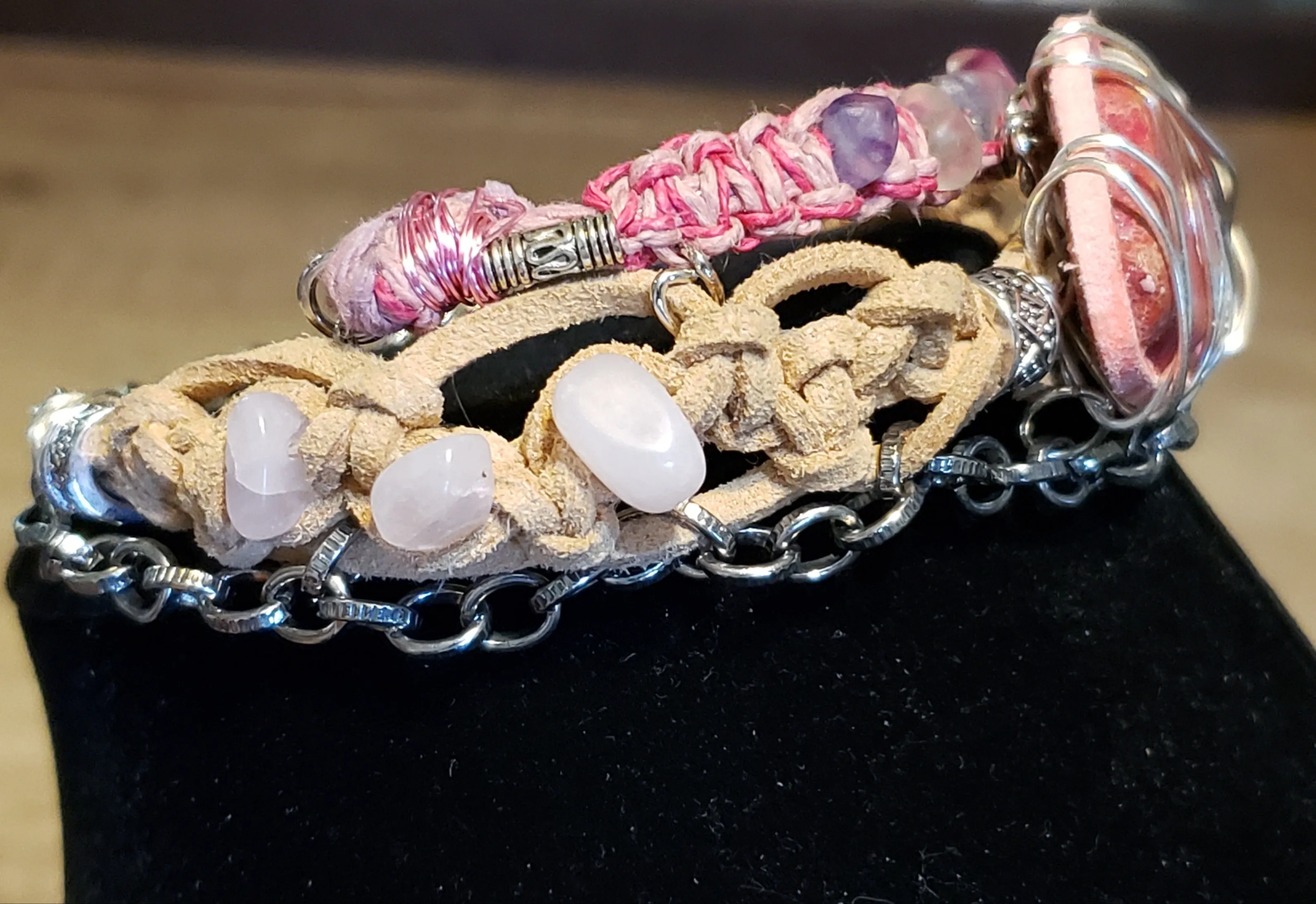 Triple Strand Bracelet with Genuine Leather, Hemp & Chain. Fully Adjustable with Wire Wrapped Stone Focal, Multi Colored Flourite, Rose Quartz & Lobster Claw Clasp.