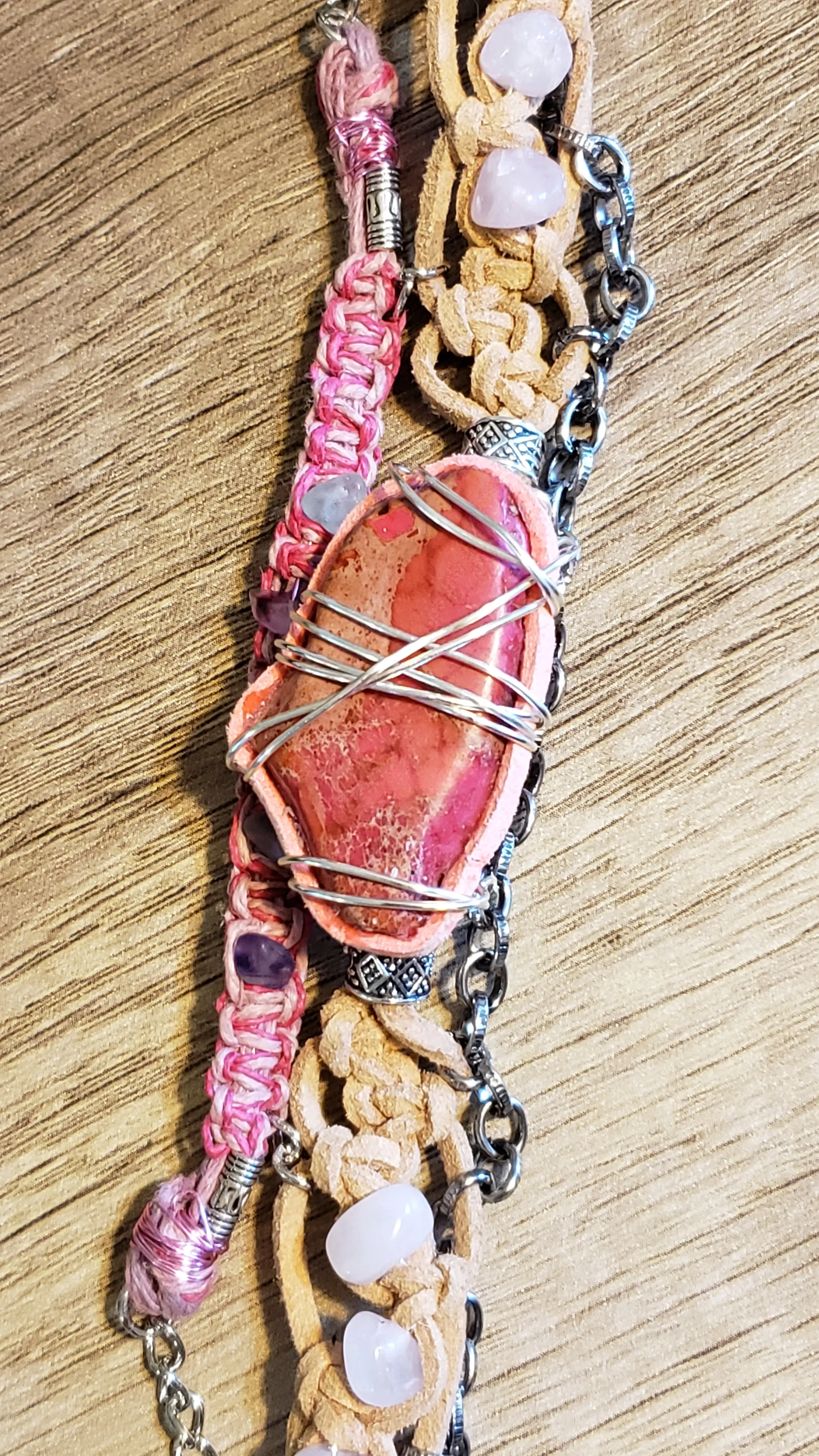 Triple Strand Bracelet with Genuine Leather, Hemp & Chain. Fully Adjustable with Wire Wrapped Stone Focal, Multi Colored Flourite, Rose Quartz & Lobster Claw Clasp.