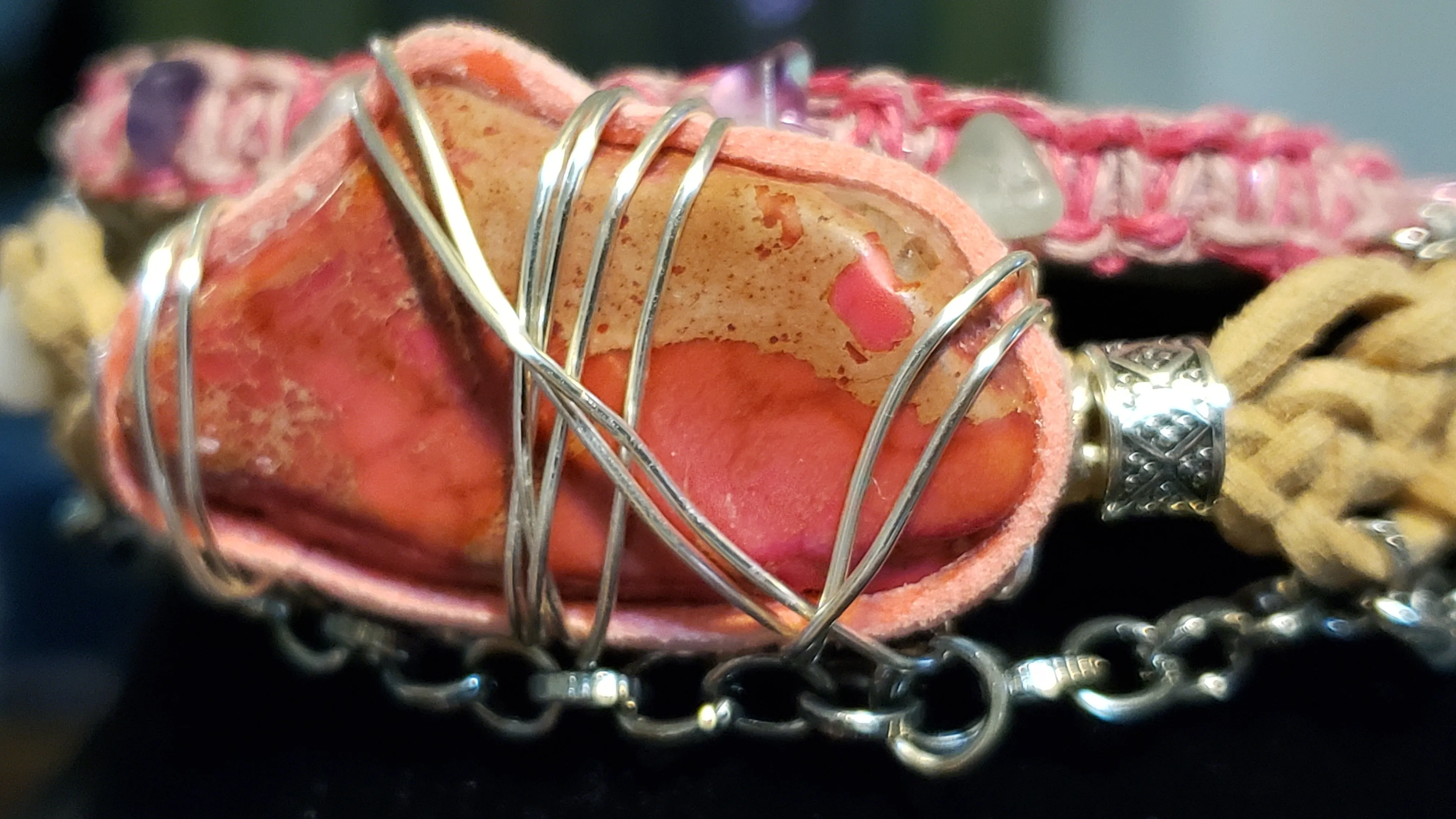 Triple Strand Bracelet with Genuine Leather, Hemp & Chain. Fully Adjustable with Wire Wrapped Stone Focal, Multi Colored Flourite, Rose Quartz & Lobster Claw Clasp.