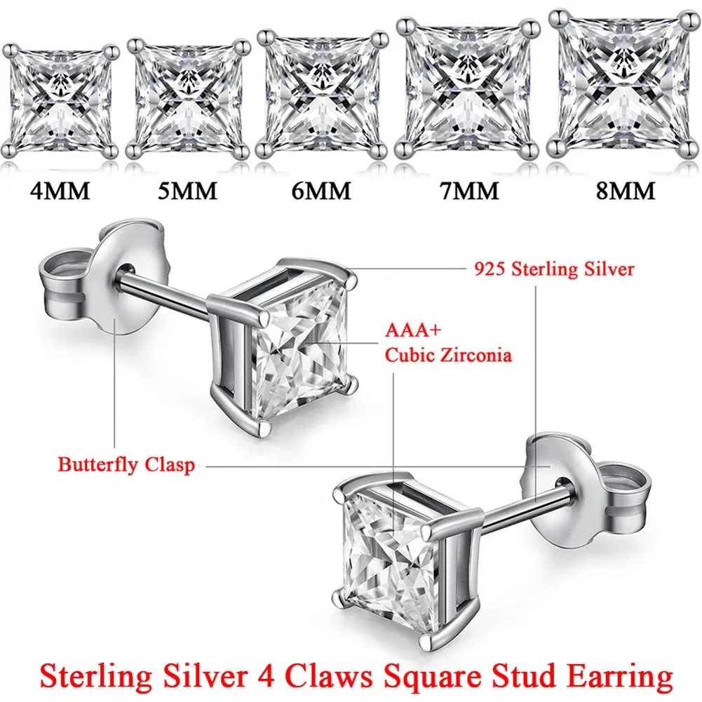 TTVOVO 925 Sterling Crystal Stud Earrings for Women Men Square Pricess Cut Cubic Zirconia CZ Stone 4 Claws Earrings S925 Jewelry