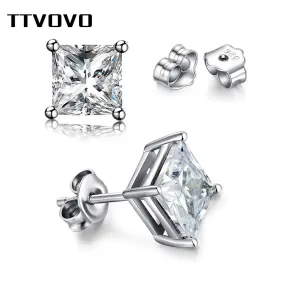 TTVOVO 925 Sterling Crystal Stud Earrings for Women Men Square Pricess Cut Cubic Zirconia CZ Stone 4 Claws Earrings S925 Jewelry