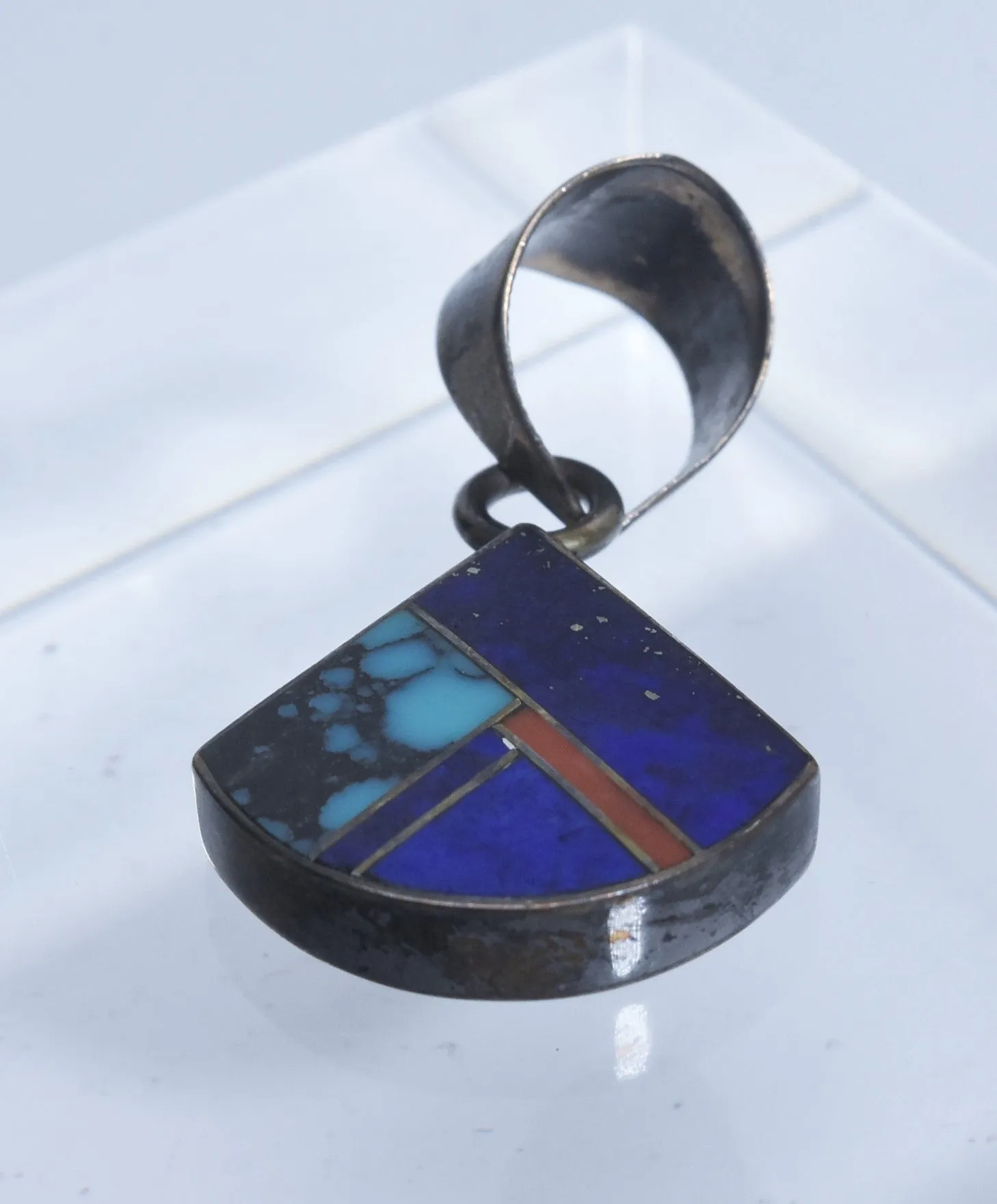 Turquoise, Lapis Lazuli, Coral Sterling Silver Inlaid Pendant