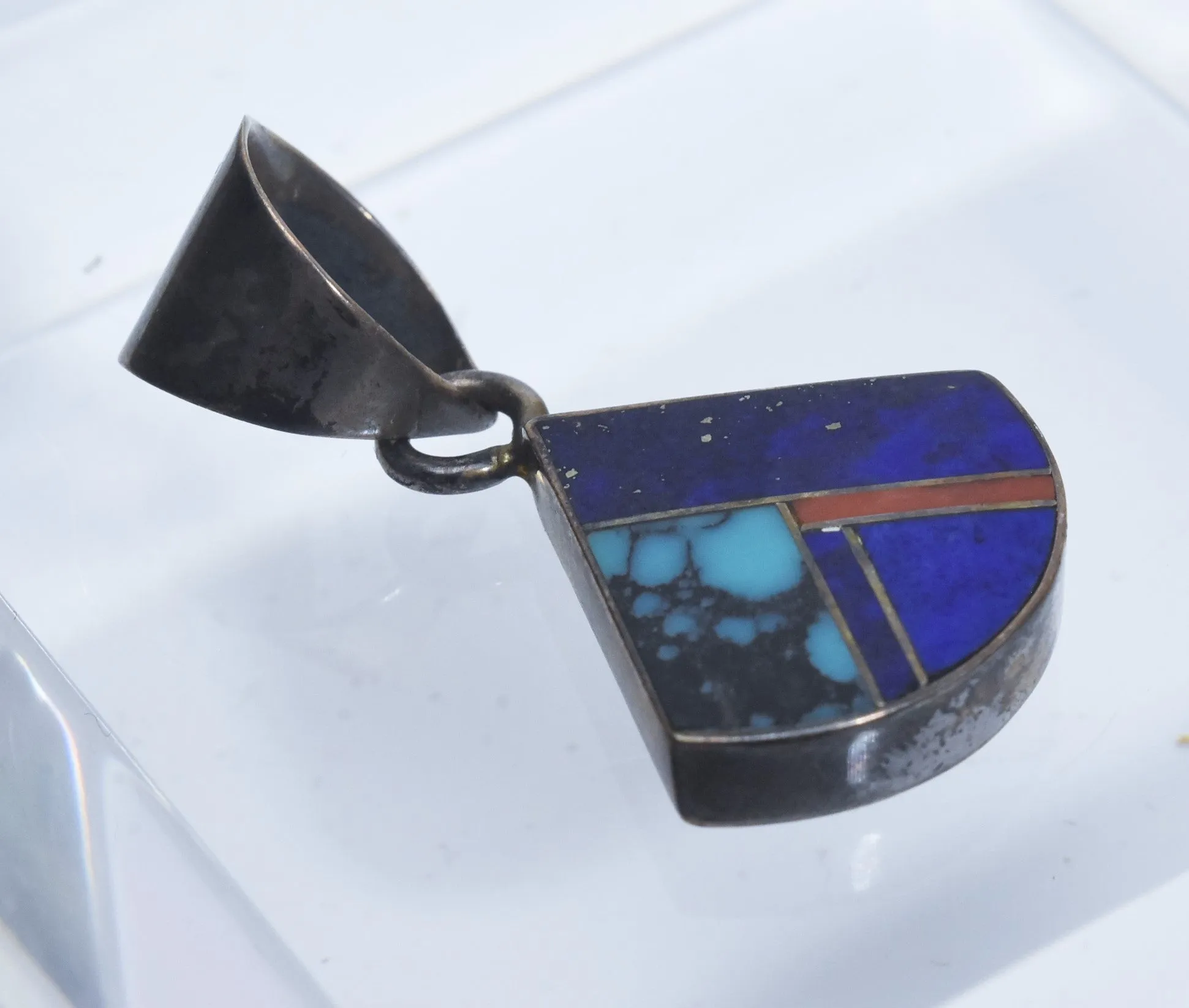 Turquoise, Lapis Lazuli, Coral Sterling Silver Inlaid Pendant