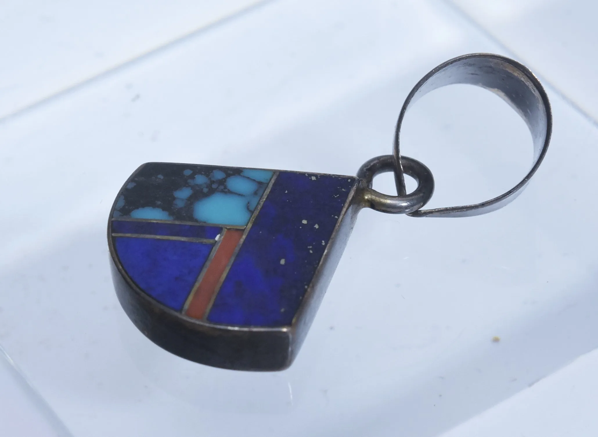 Turquoise, Lapis Lazuli, Coral Sterling Silver Inlaid Pendant