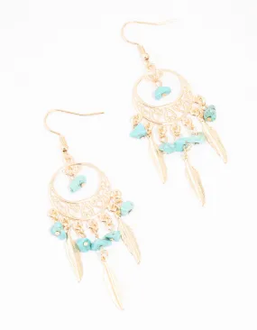 Turquoise Semi Precious Dream Catcher Gold Drop Earrings