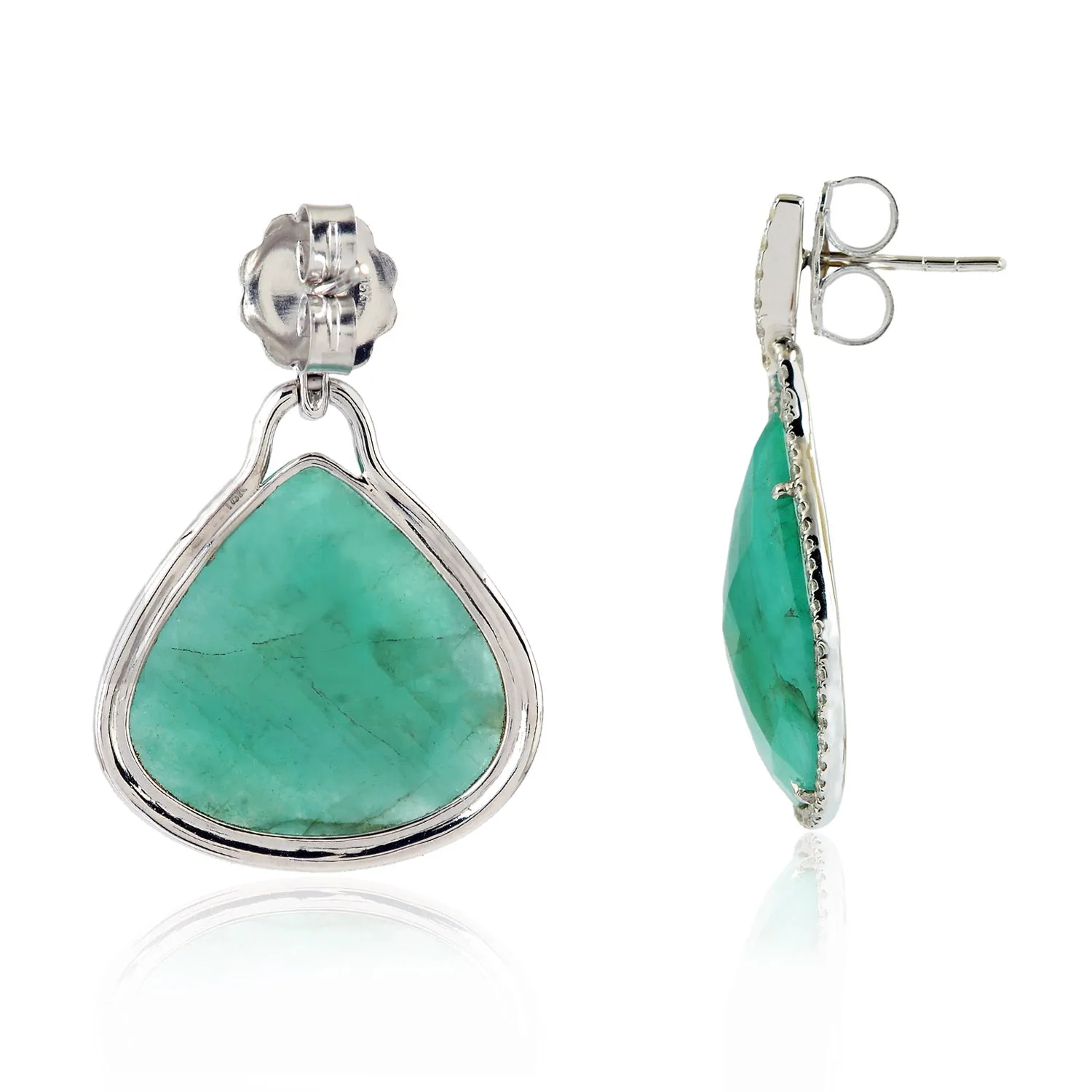 Unshaped Emerald Gemstone Prong Diamond Drop Dangler Earrings In White Gold For Sale