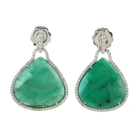 Unshaped Emerald Gemstone Prong Diamond Drop Dangler Earrings In White Gold For Sale