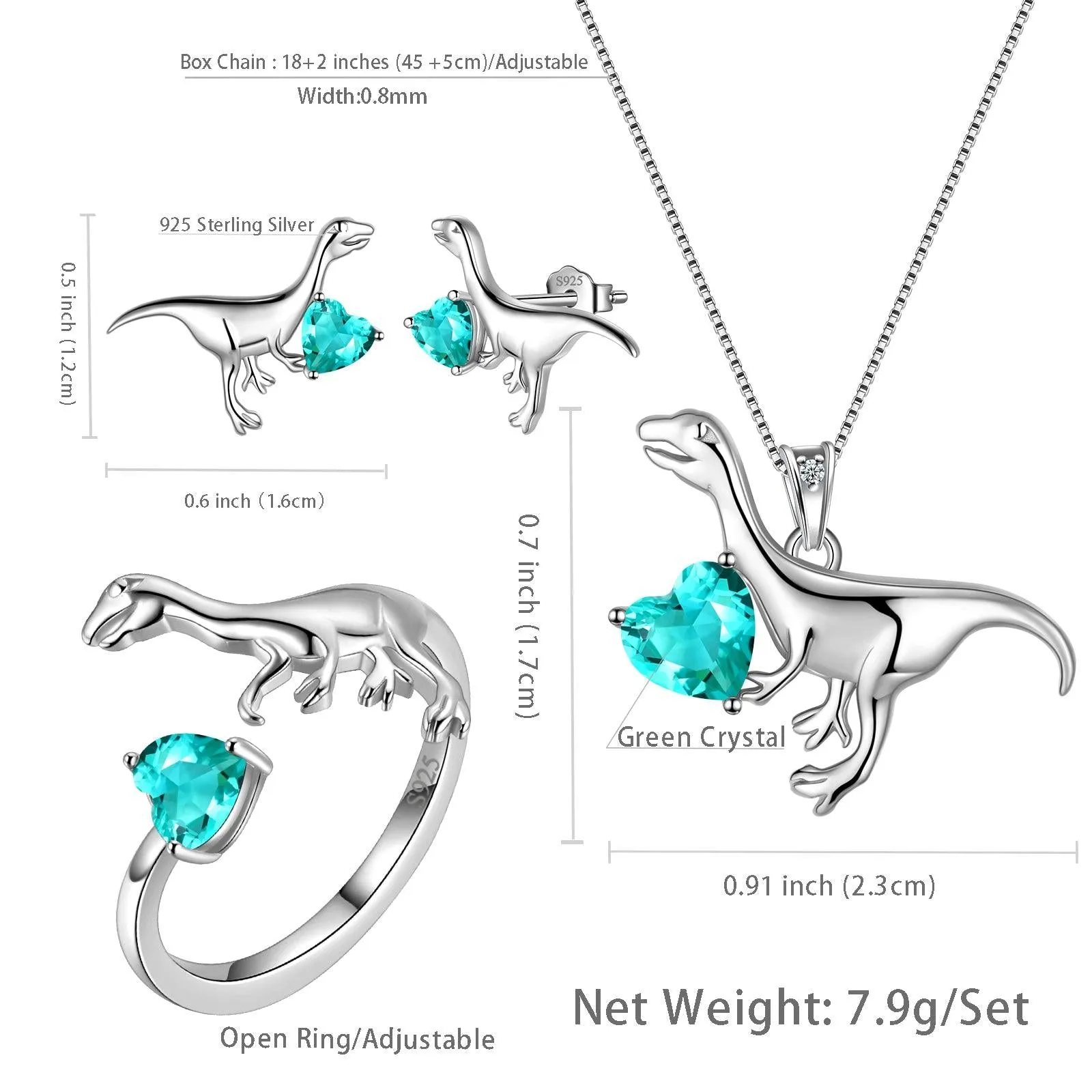 Velociraptor Dinosaur Charm Jewelry Set Earrings Necklace Ring Women Girls Jewelry Gift