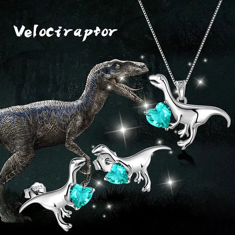 Velociraptor Dinosaur Charm Jewelry Set Earrings Necklace Women Girls Jewelry Gift