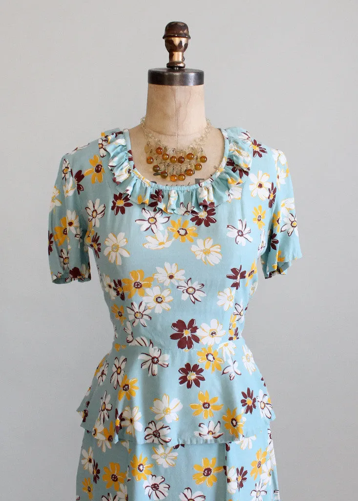 Vintage 1940s Daisy Print Skirt and Peplum Top Set