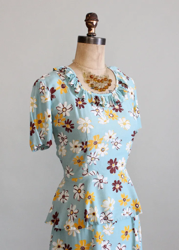 Vintage 1940s Daisy Print Skirt and Peplum Top Set