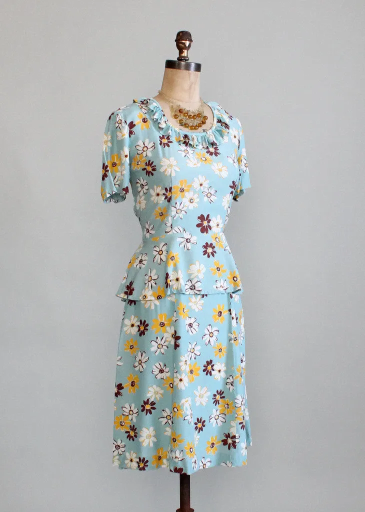 Vintage 1940s Daisy Print Skirt and Peplum Top Set