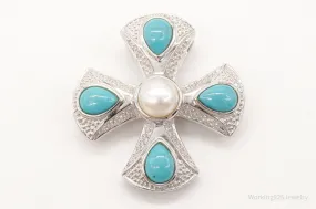 Vintage Designer EA Turquoise Pearl Cross Sterling Silver Pendant