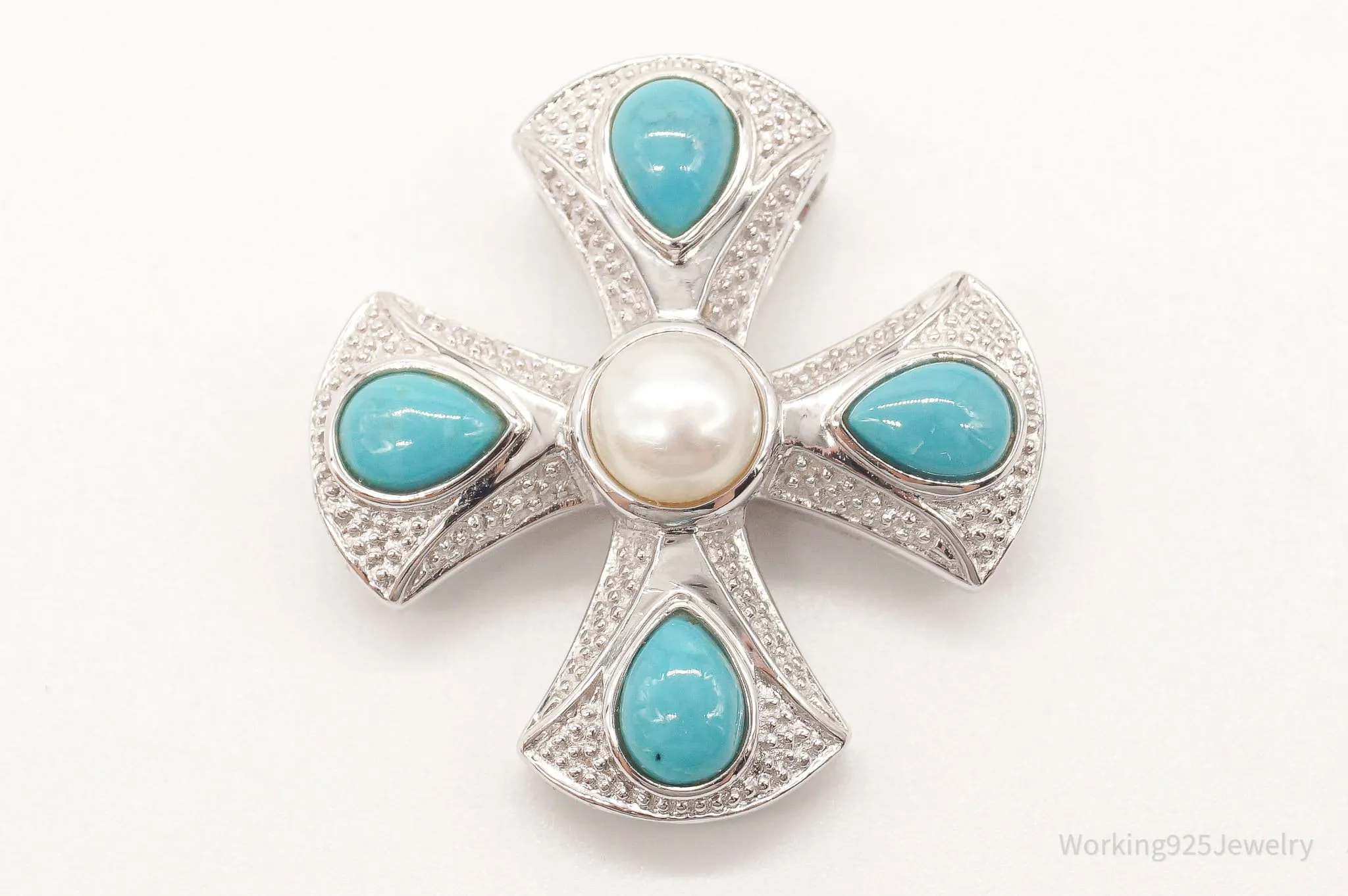 Vintage Designer EA Turquoise Pearl Cross Sterling Silver Pendant