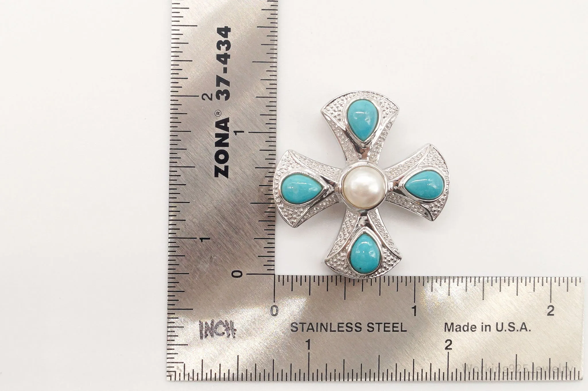 Vintage Designer EA Turquoise Pearl Cross Sterling Silver Pendant