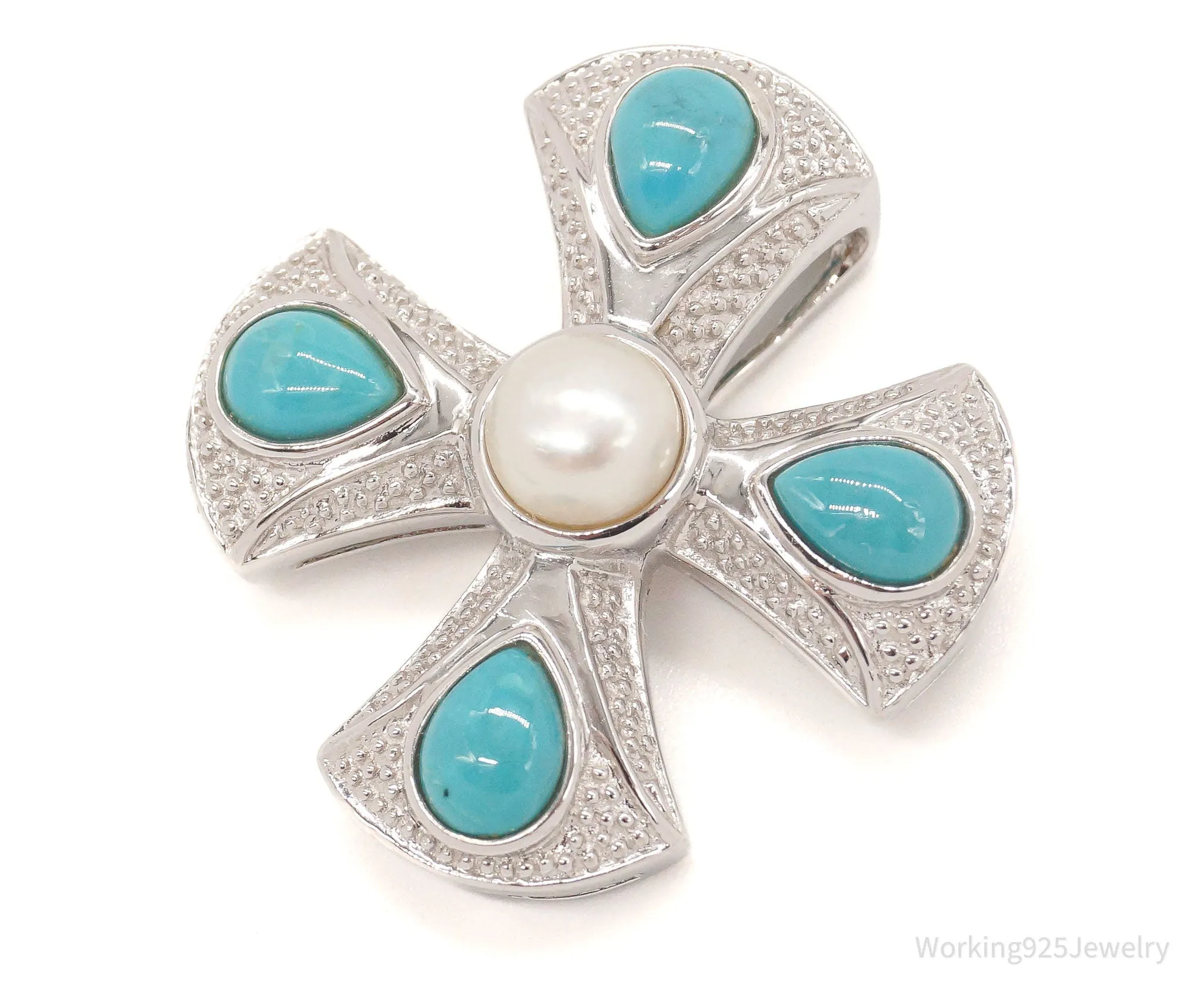 Vintage Designer EA Turquoise Pearl Cross Sterling Silver Pendant