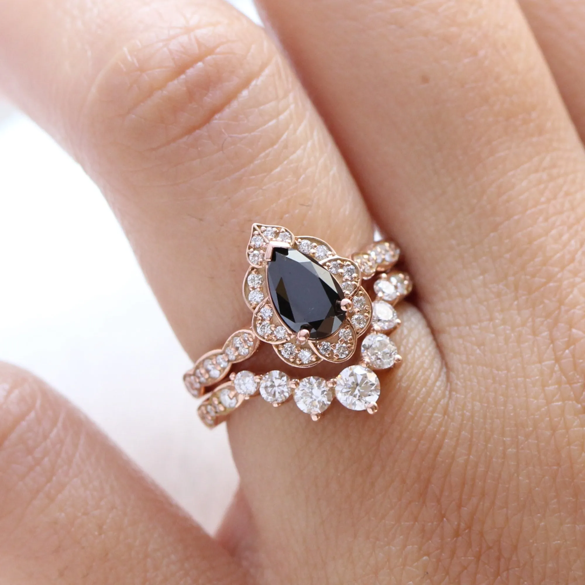 Vintage Floral Black Diamond Pear Ring w/ Large 7 Diamond Curved Scalloped Band