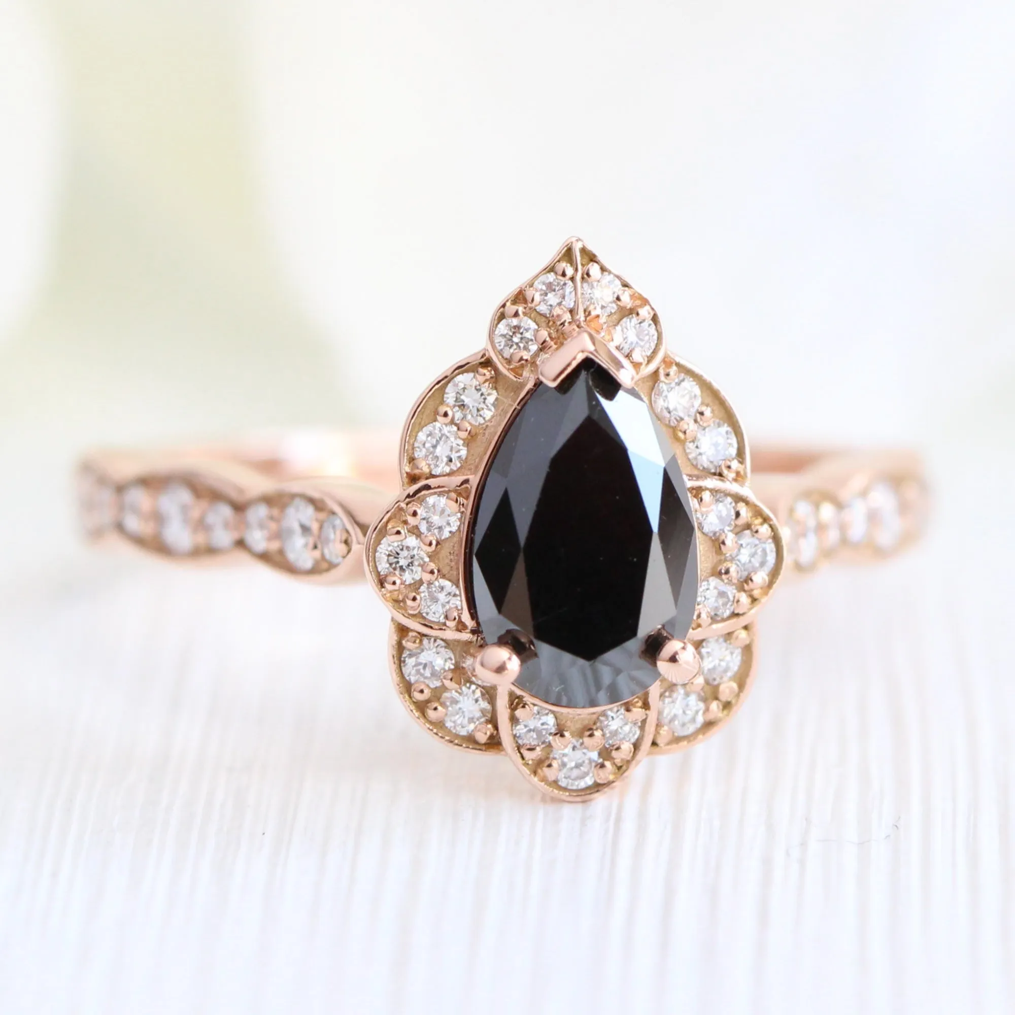 Vintage Floral Black Diamond Pear Ring w/ Large 7 Diamond Curved Scalloped Band