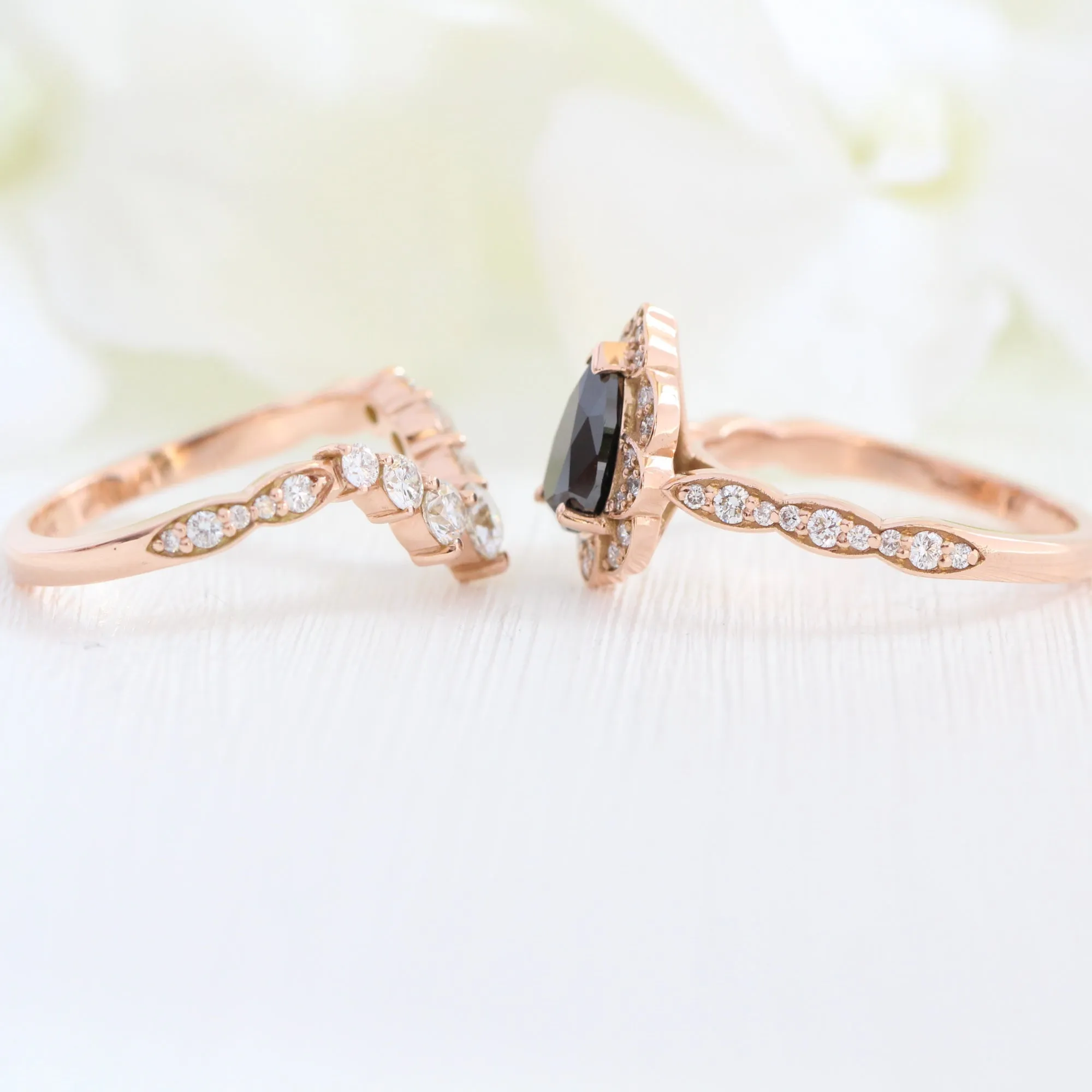 Vintage Floral Black Diamond Pear Ring w/ Large 7 Diamond Curved Scalloped Band