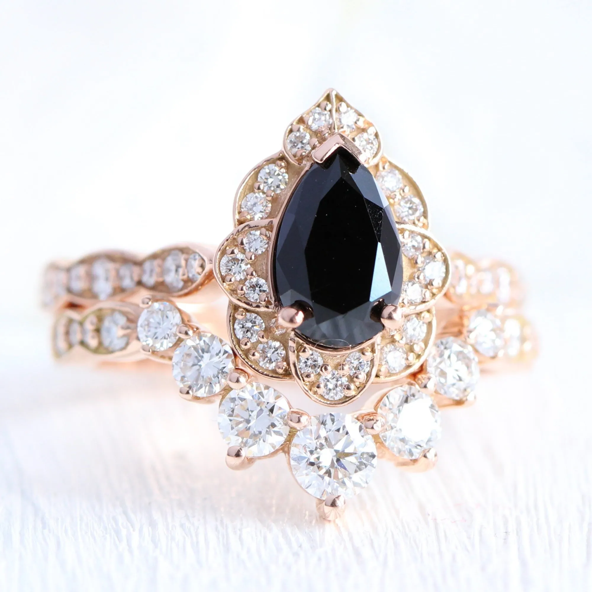 Vintage Floral Black Diamond Pear Ring w/ Large 7 Diamond Curved Scalloped Band