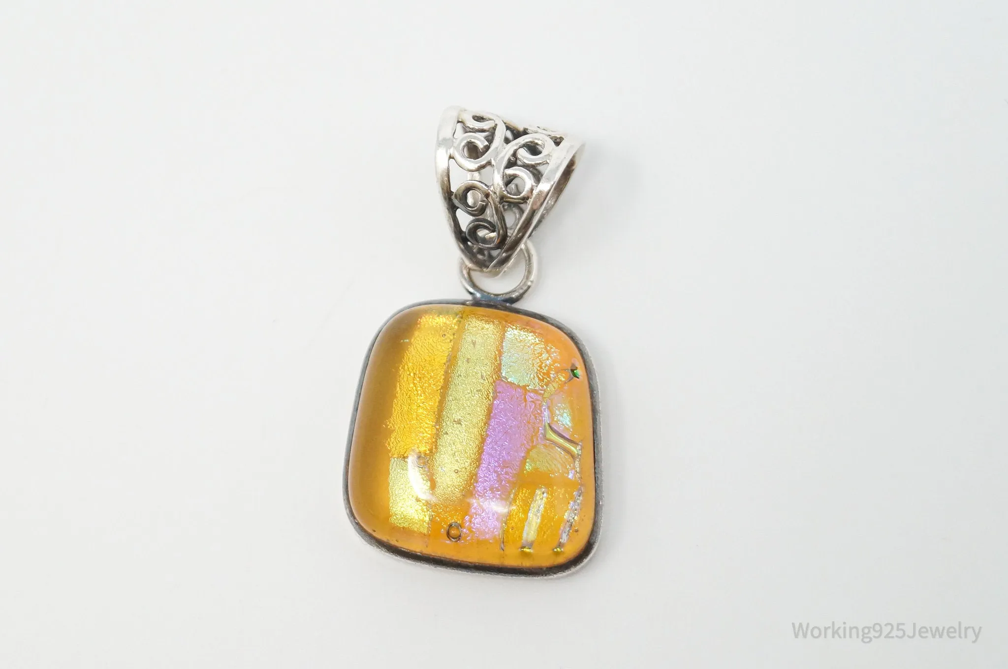 Vintage Large Dichroic Glass Square Sterling Silver Necklace Pendant