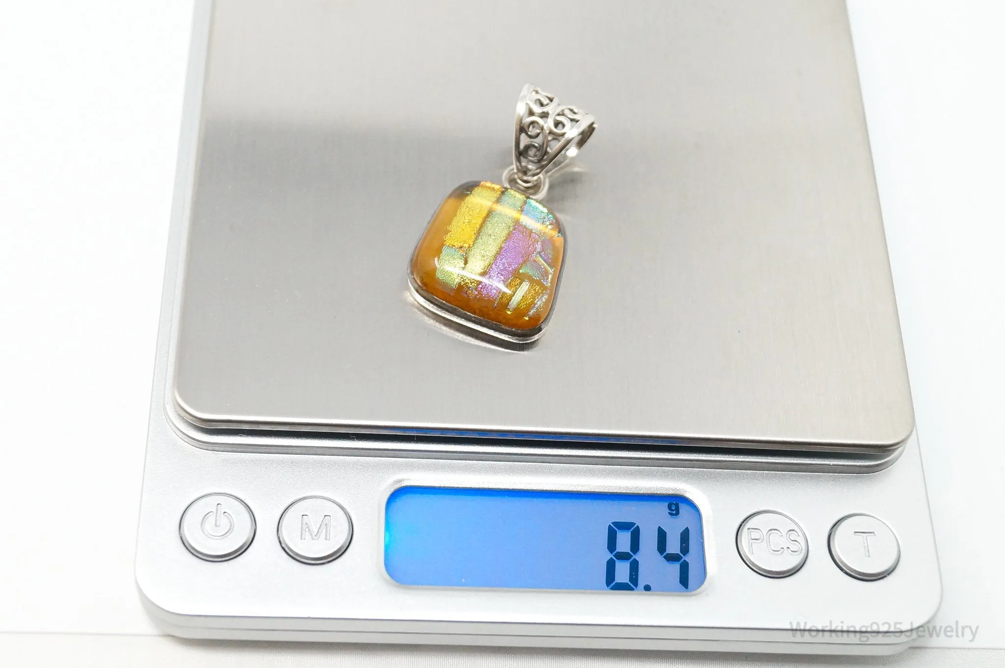 Vintage Large Dichroic Glass Square Sterling Silver Necklace Pendant