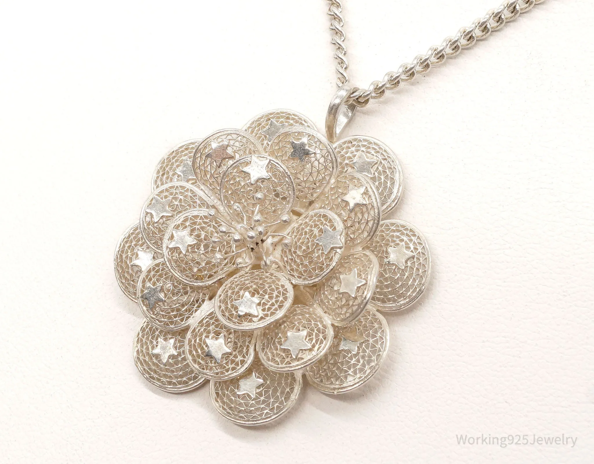 Vintage Large Filigree Flower Star Petals Silver Chain Necklace