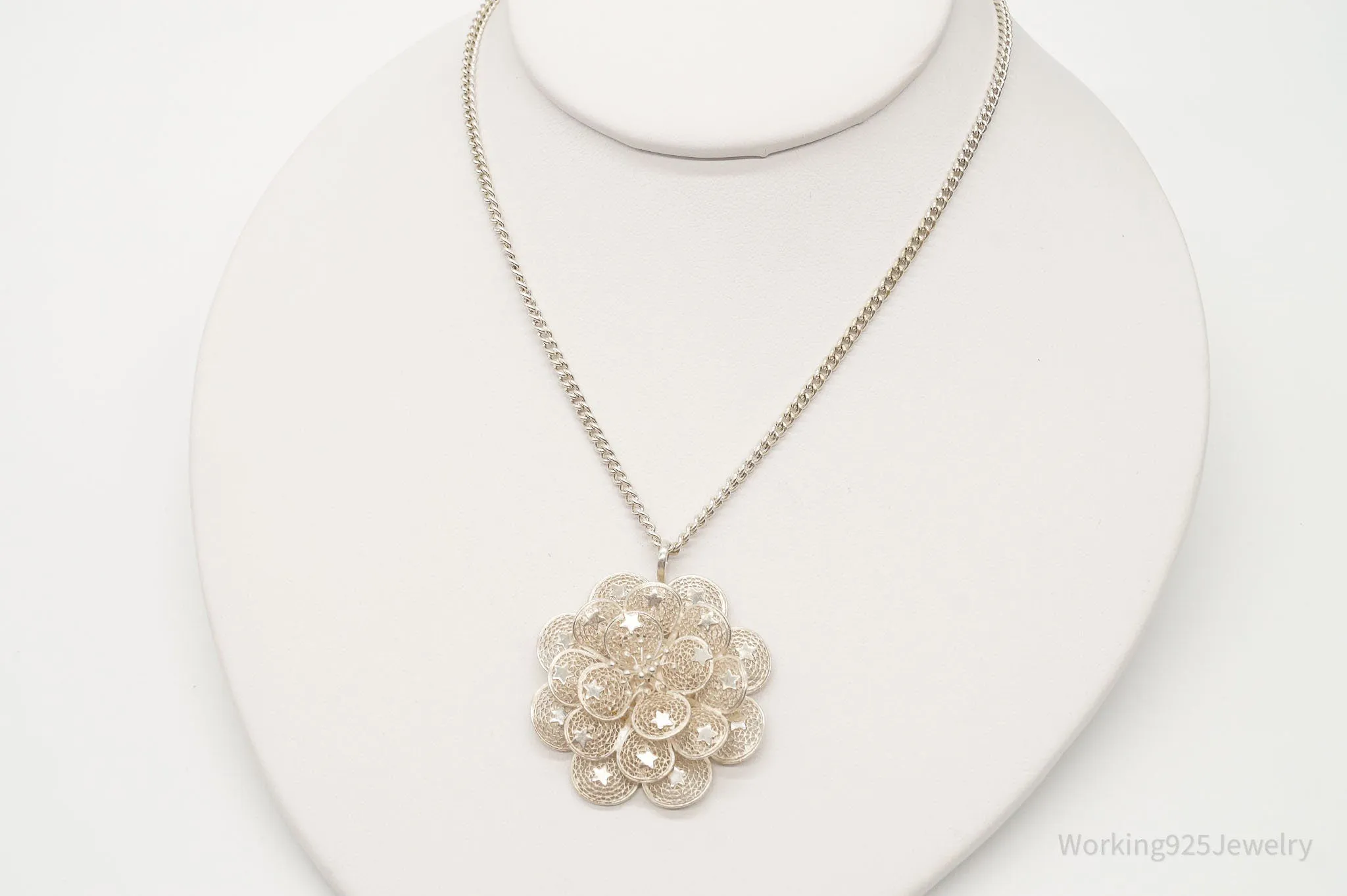 Vintage Large Filigree Flower Star Petals Silver Chain Necklace