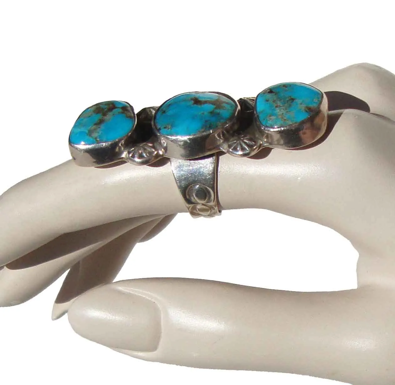 Vintage Navajo Ring Triple Stone Sterling & Kingman Turquoise Sz 7.75 - Chimney Butte