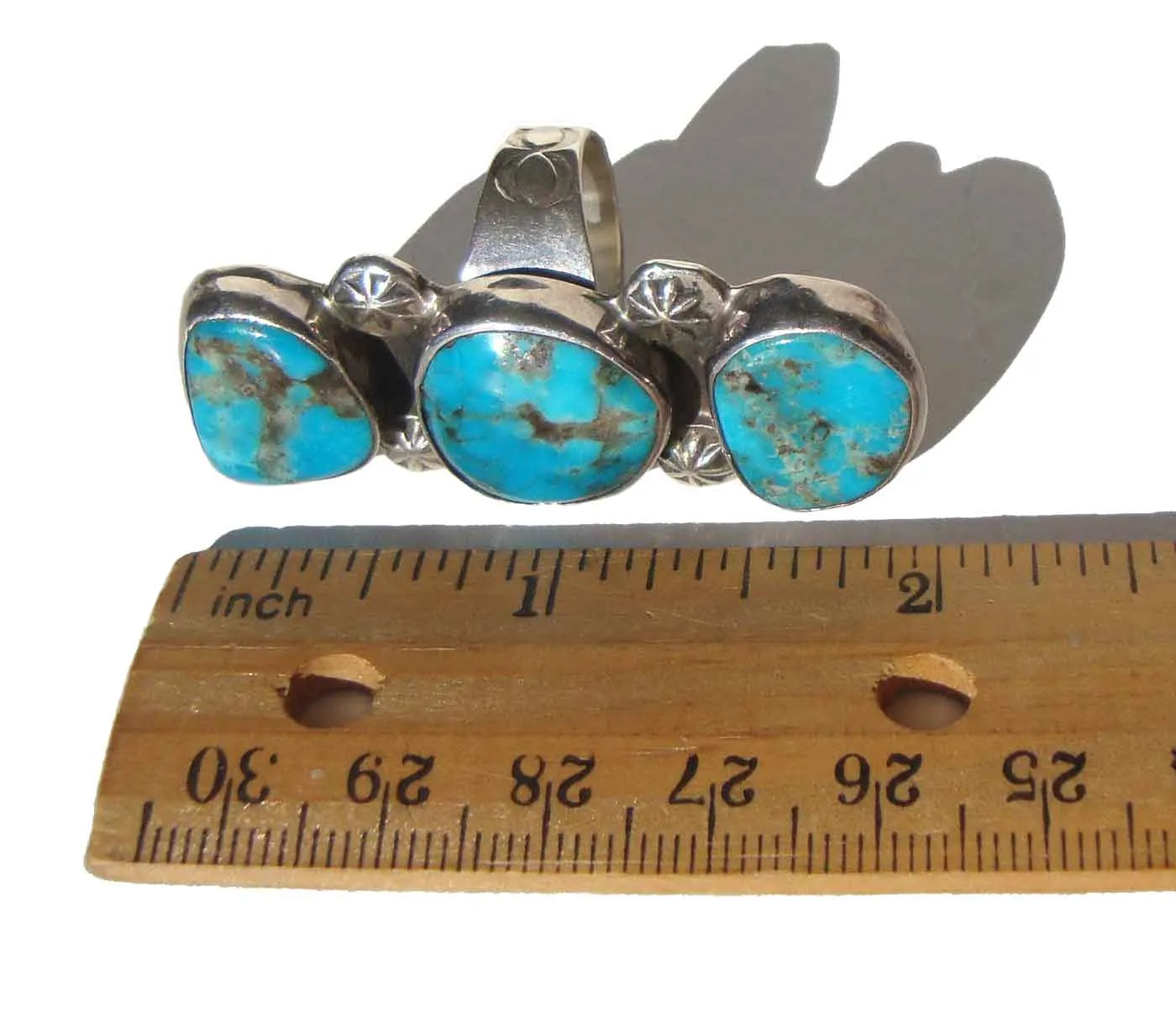 Vintage Navajo Ring Triple Stone Sterling & Kingman Turquoise Sz 7.75 - Chimney Butte