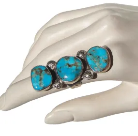 Vintage Navajo Ring Triple Stone Sterling & Kingman Turquoise Sz 7.75 - Chimney Butte