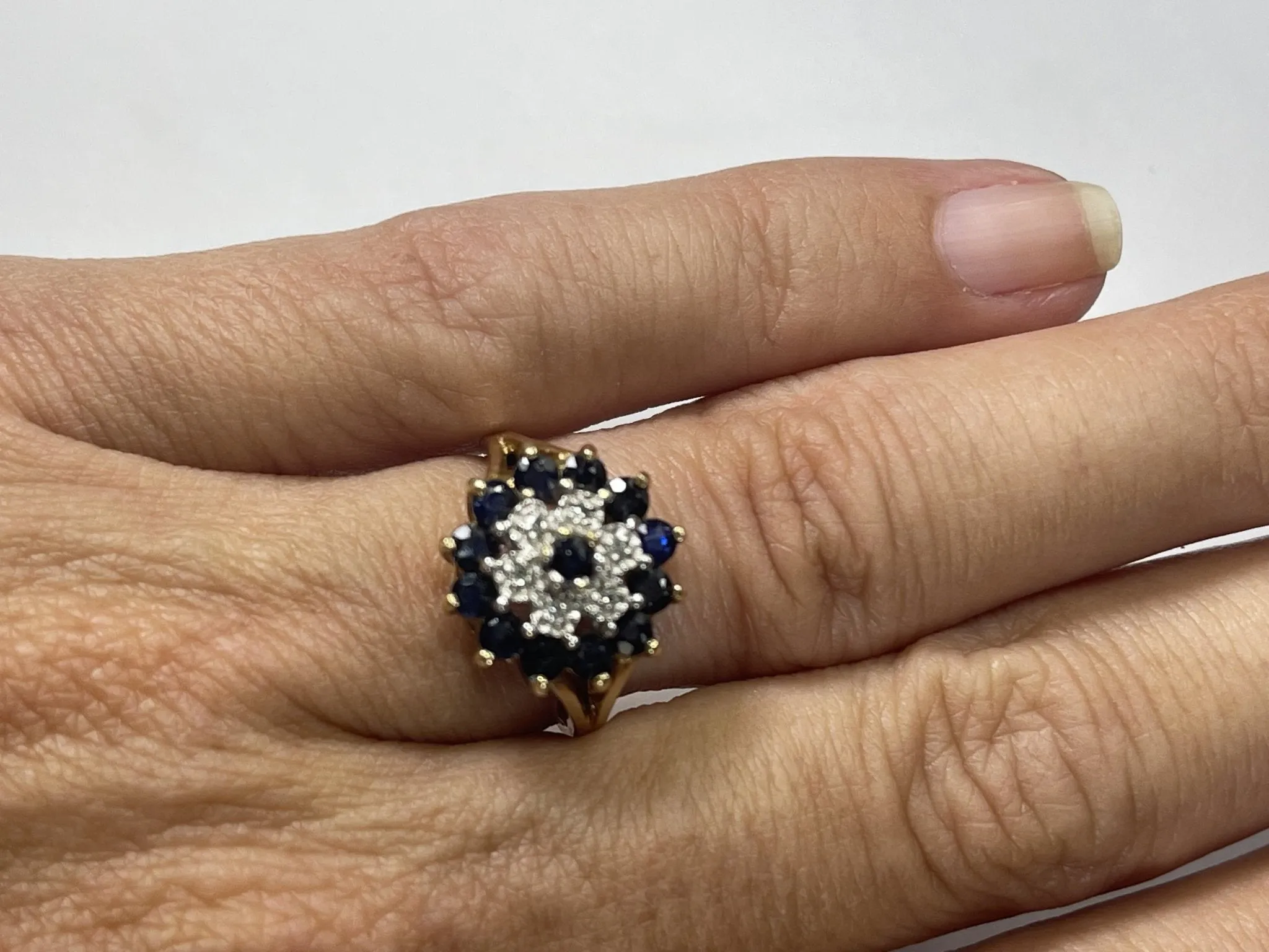 Vintage Sapphire and Diamond Halo Ring in Solid Yellow Gold. Unique Sustainable Estate Jewelry.