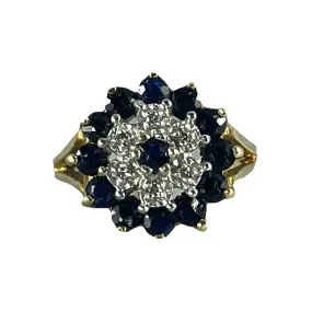 Vintage Sapphire and Diamond Halo Ring in Solid Yellow Gold. Unique Sustainable Estate Jewelry.