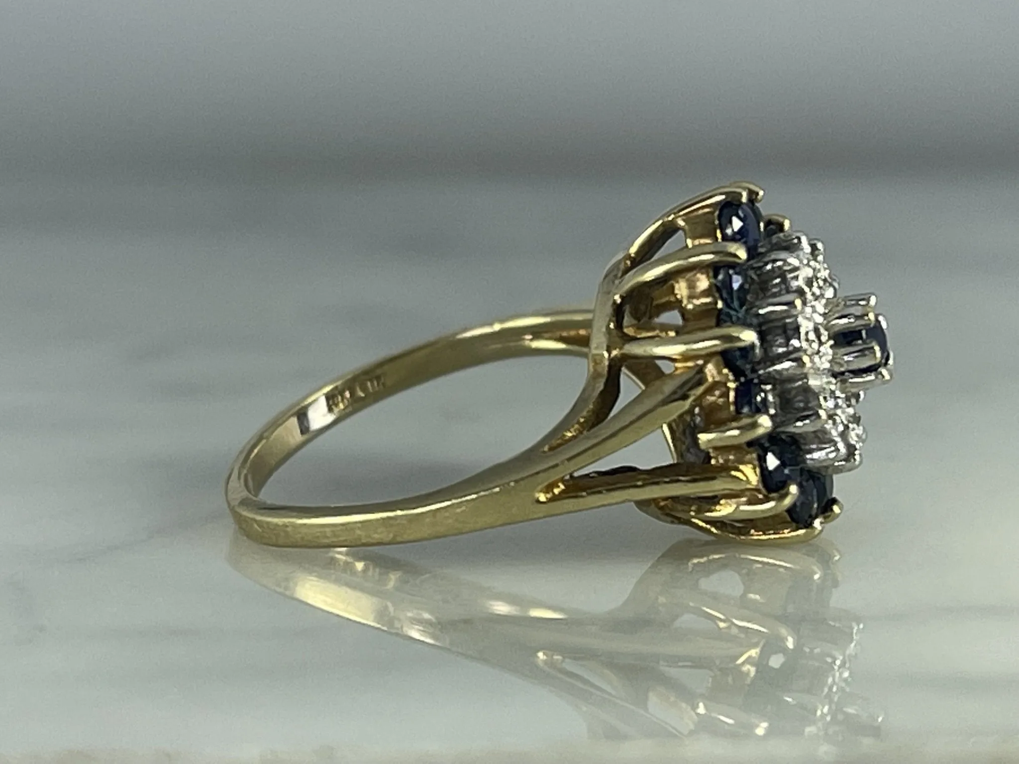 Vintage Sapphire and Diamond Halo Ring in Solid Yellow Gold. Unique Sustainable Estate Jewelry.