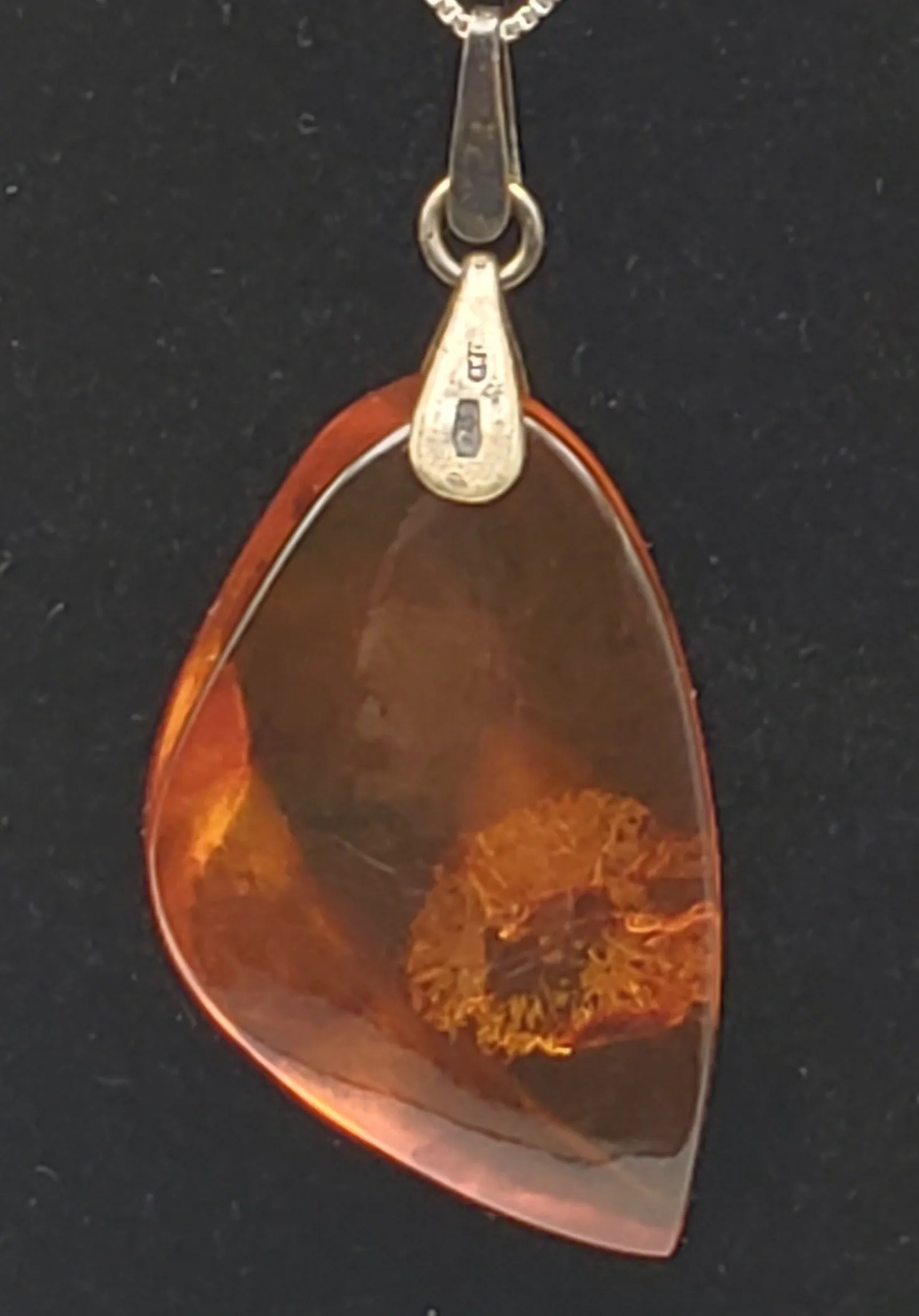 Vintage Soviet Amber Modernist Freeform Sculpted Pendant on Sterling Silver Necklace - 16.25"