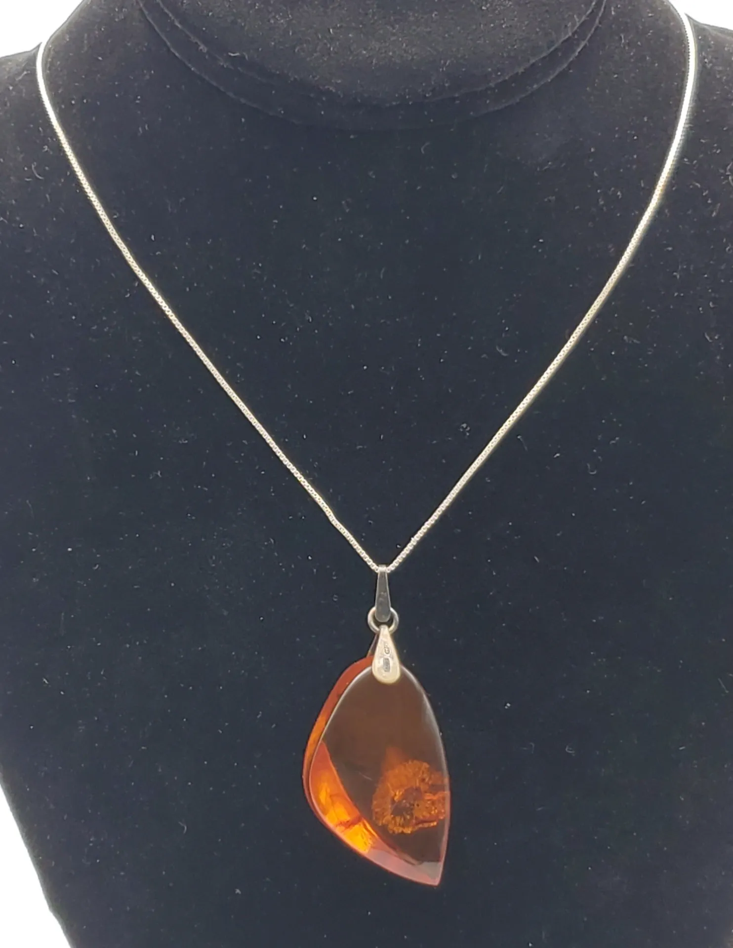 Vintage Soviet Amber Modernist Freeform Sculpted Pendant on Sterling Silver Necklace - 16.25"