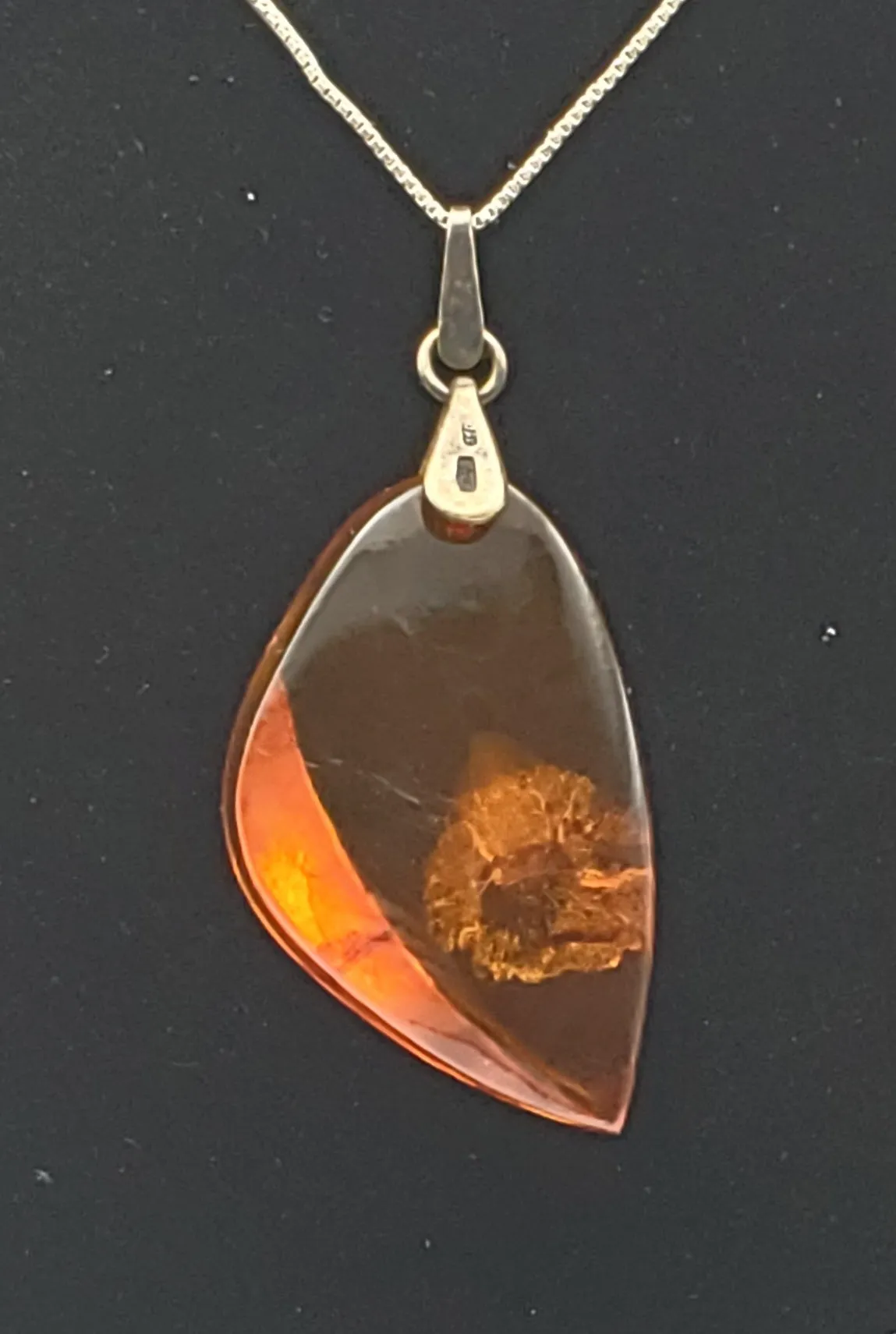 Vintage Soviet Amber Modernist Freeform Sculpted Pendant on Sterling Silver Necklace - 16.25"