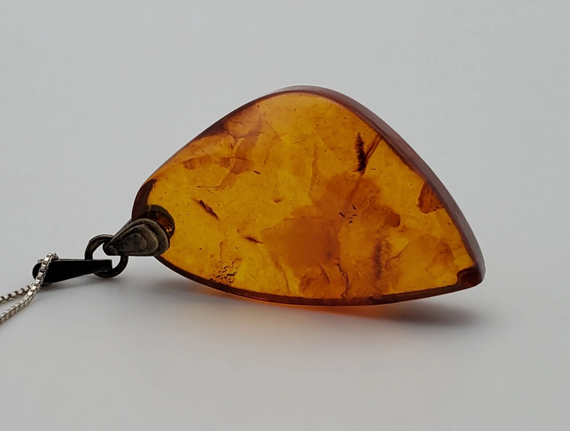 Vintage Soviet Amber Modernist Freeform Sculpted Pendant on Sterling Silver Necklace - 16.25"