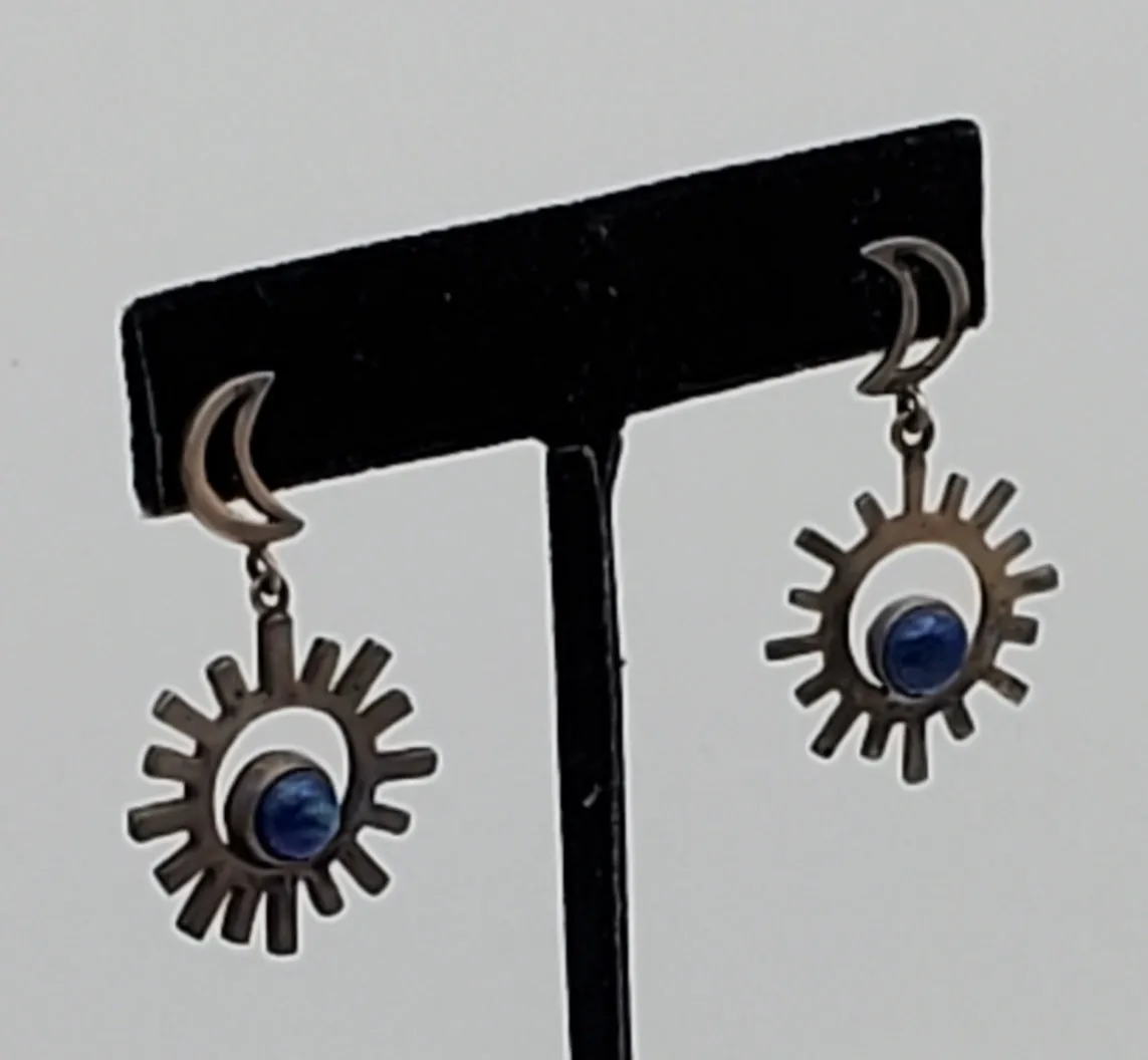 Vintage Sun and Moon Lapis Lazuli Sterling Silver Dangle Earrings