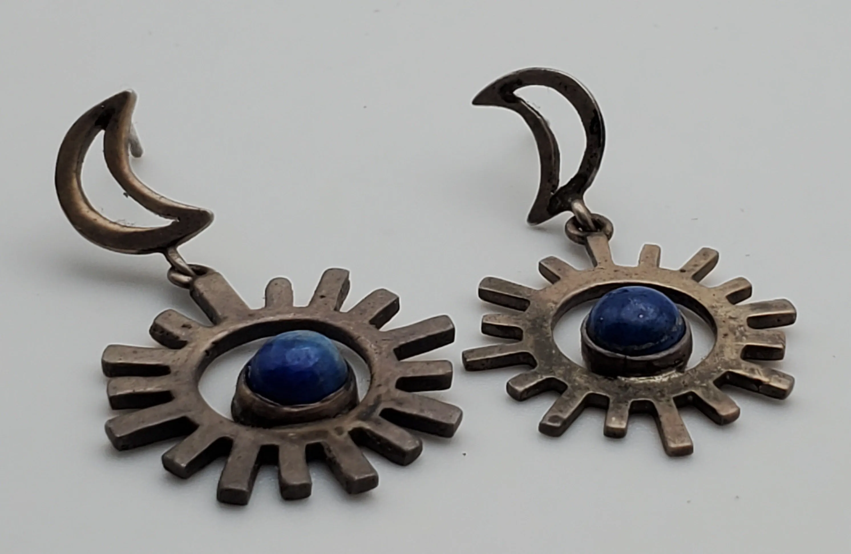 Vintage Sun and Moon Lapis Lazuli Sterling Silver Dangle Earrings